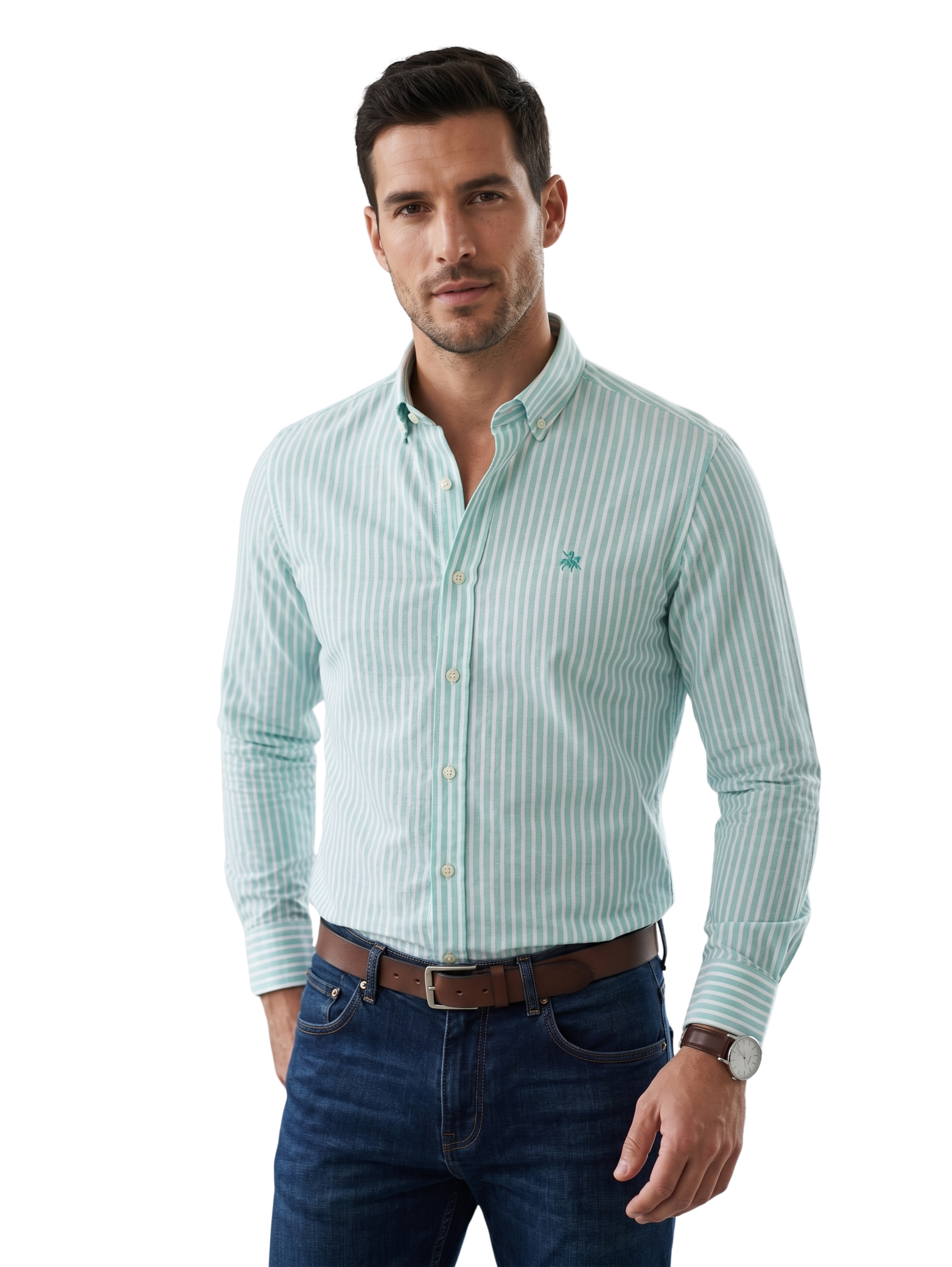 Green Striped White Long Sleeved Slim Fit Shirt
