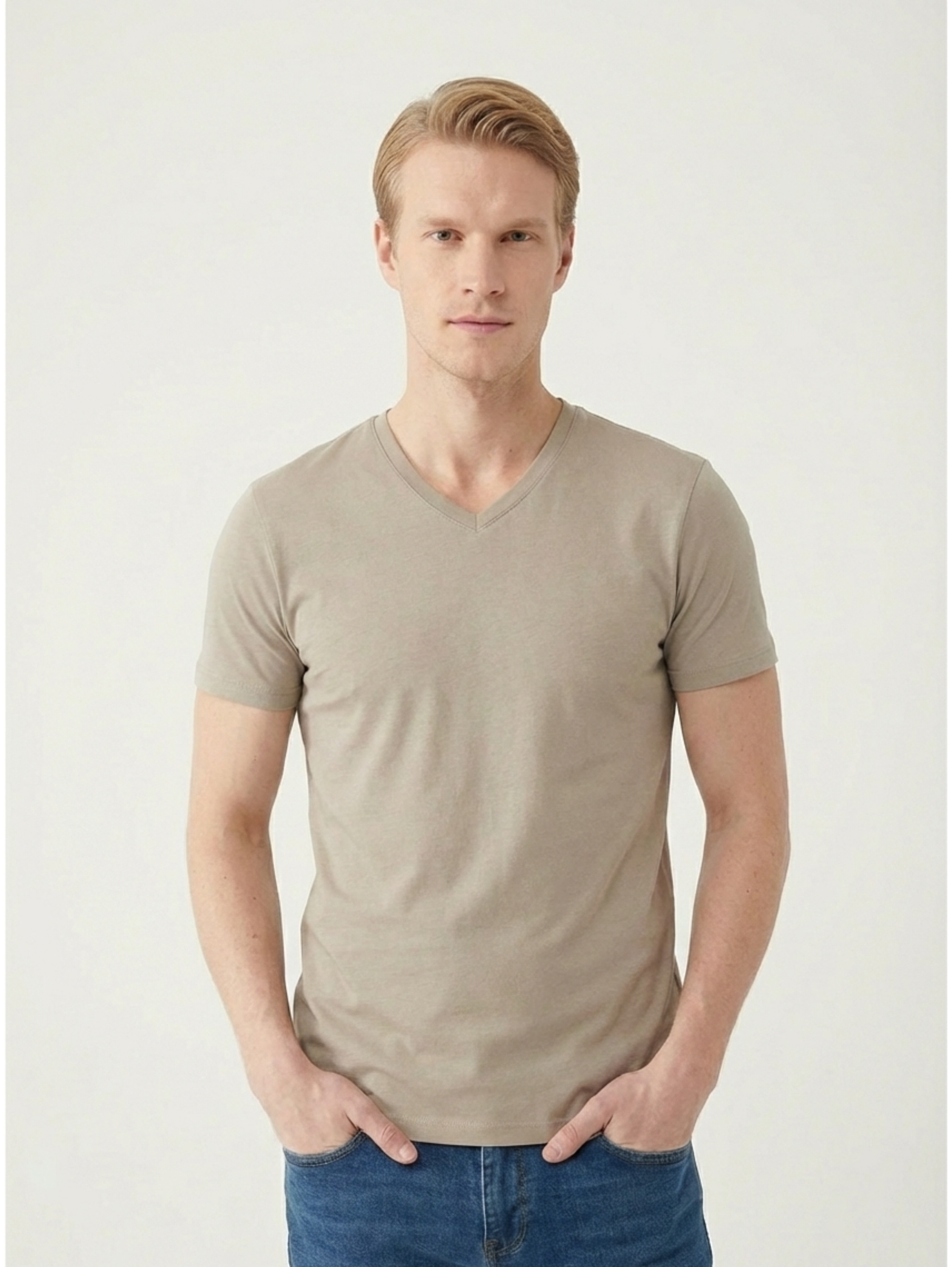 Light Khaki Jack Dapper Short Sleeved Basic T-shirt With V-neck