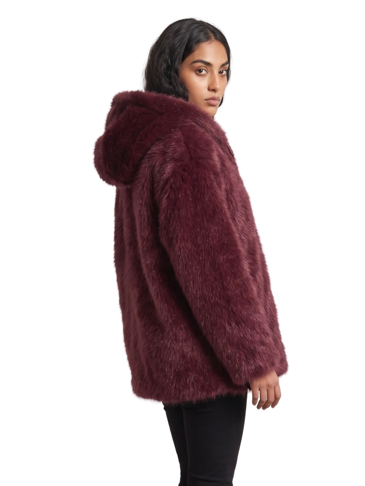 Bordo Shaggy Fur Hooded Zip Up Jacket