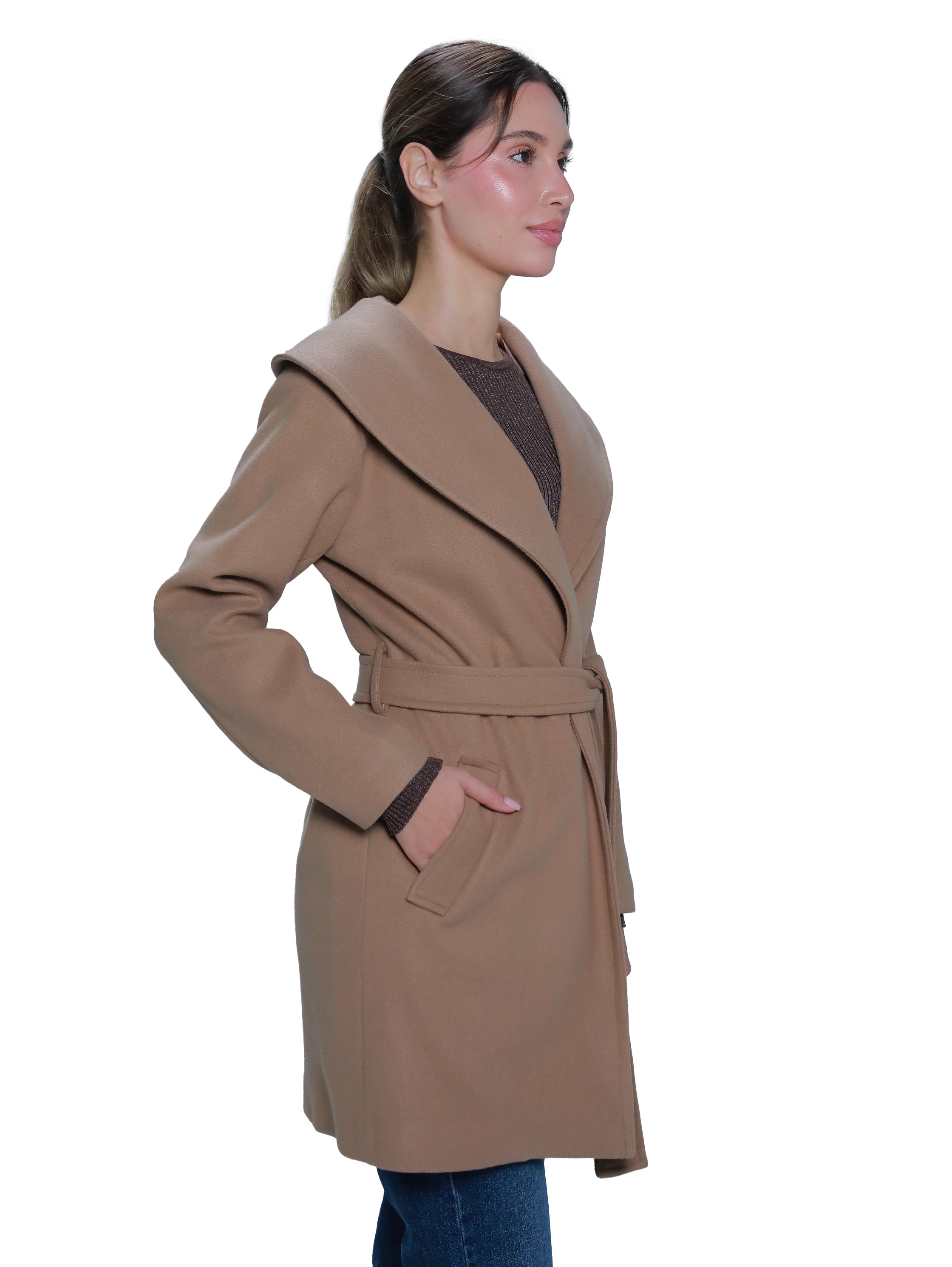 Camel Warm Belted Coat With Open Collar