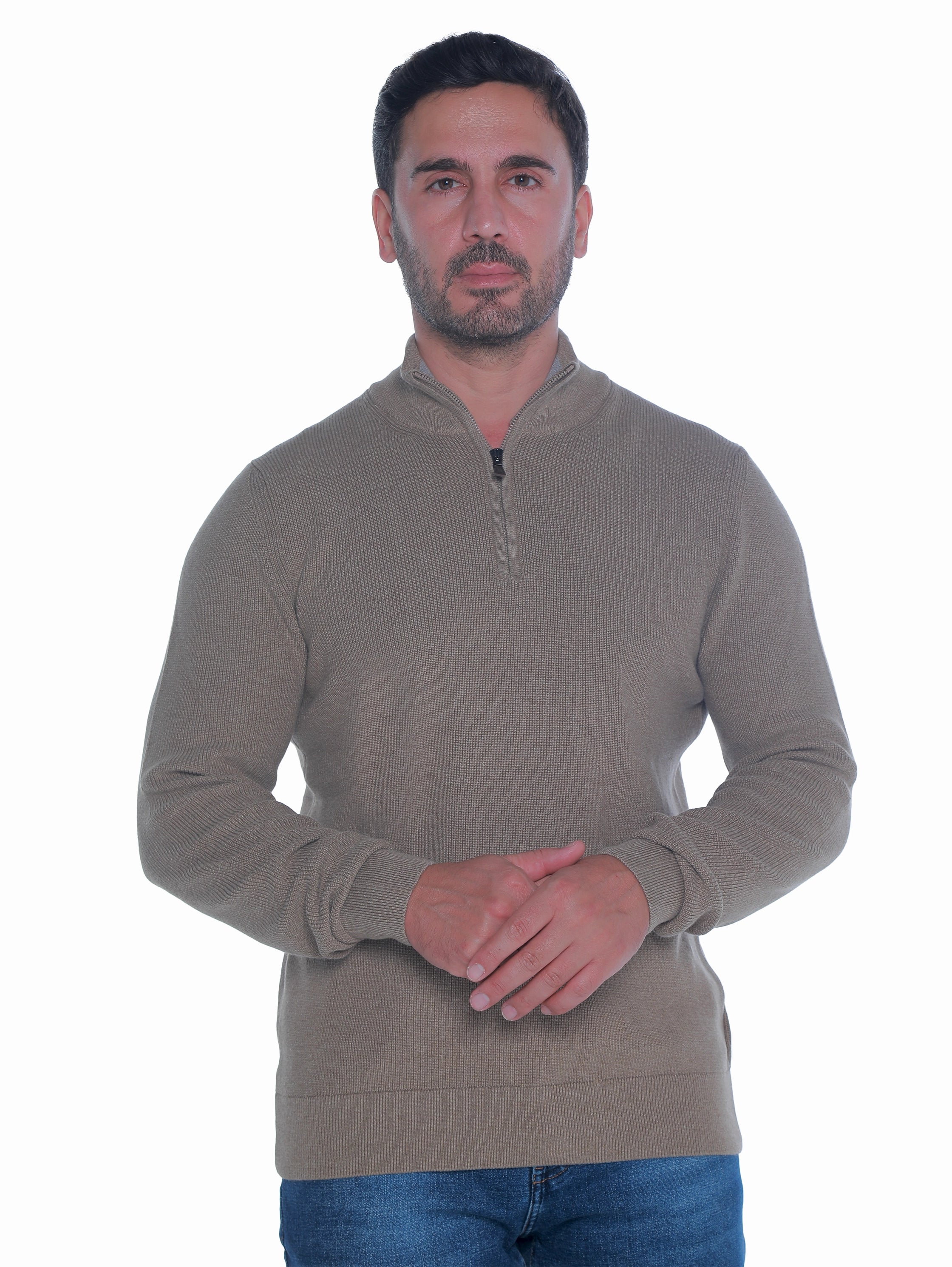 Long Sleeved Beige Pullover With Thin Ribbed Design