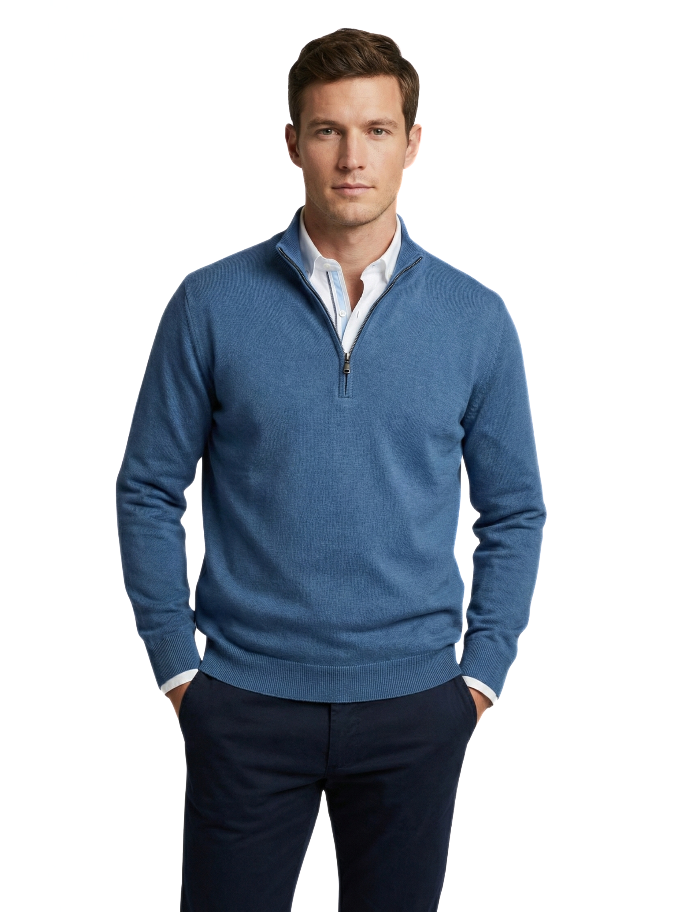 Stand Up Collar Indigo Pullover With Half Zipper To Close