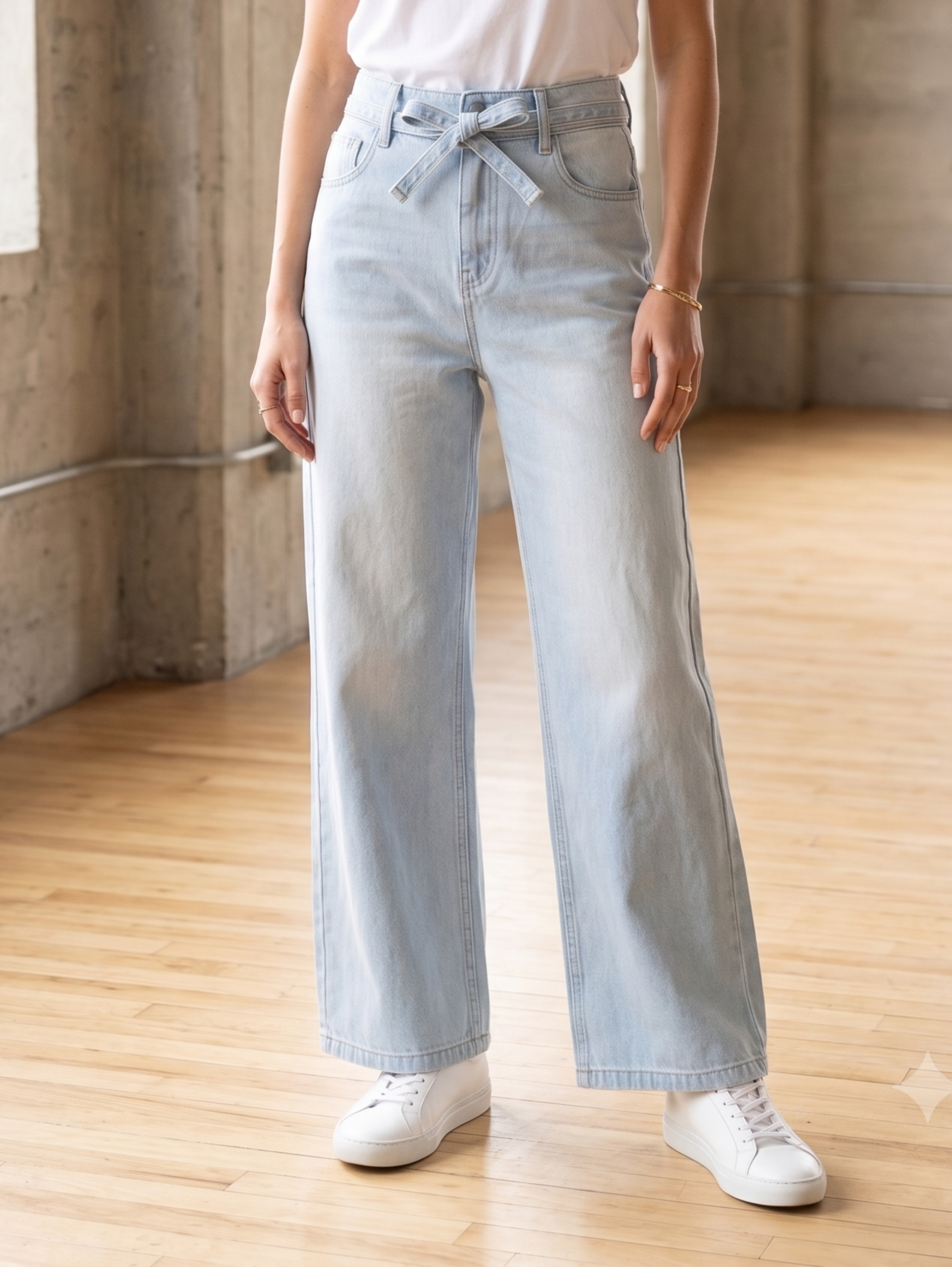 Mid Blue High Waist Wide Leg Jeans With Denim Belt Design