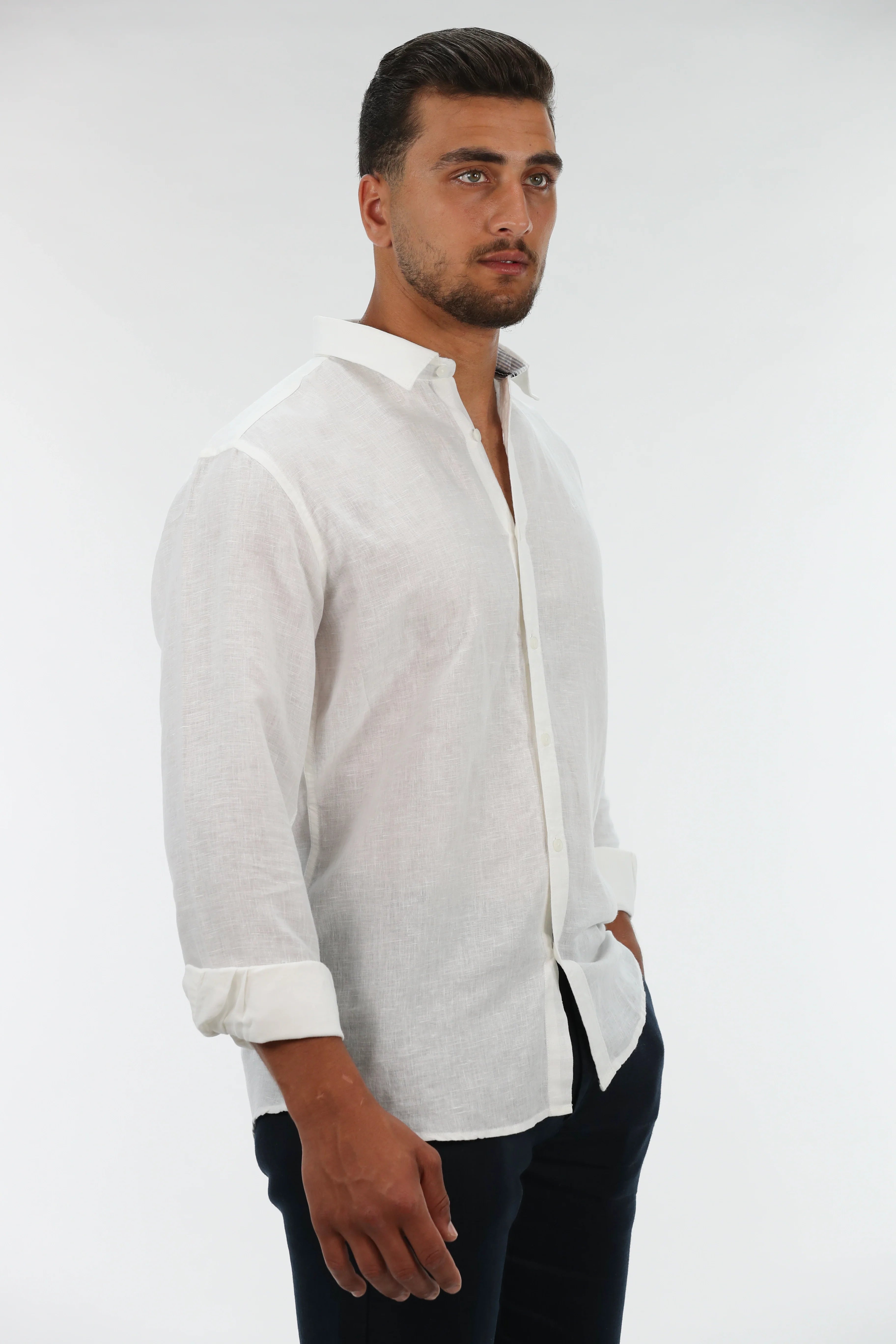 Long Sleeved White Plain Linen Shirt