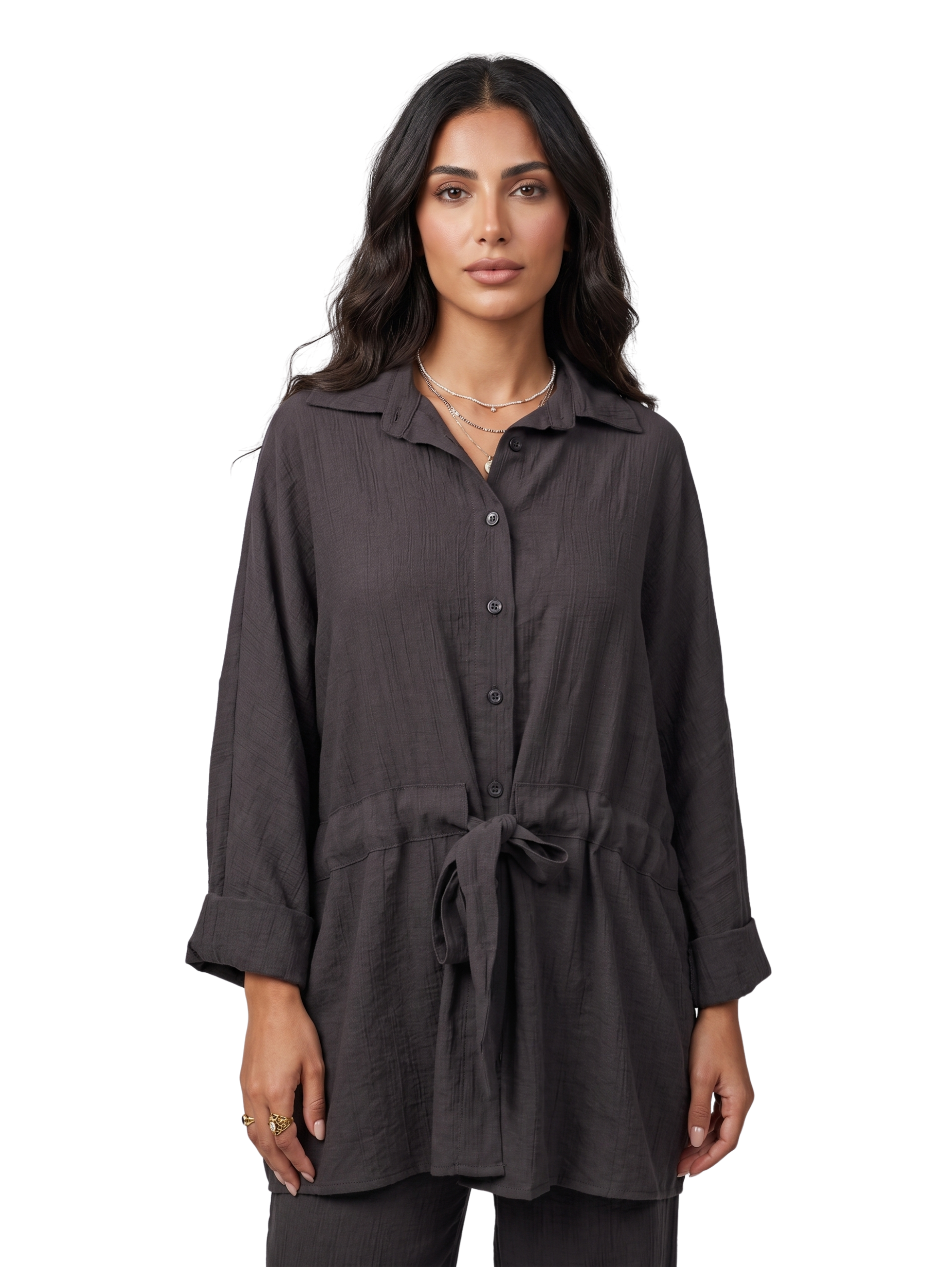 Black Quarters Sleeved Crinkled Textured Shirt With Adjustable Drawstring