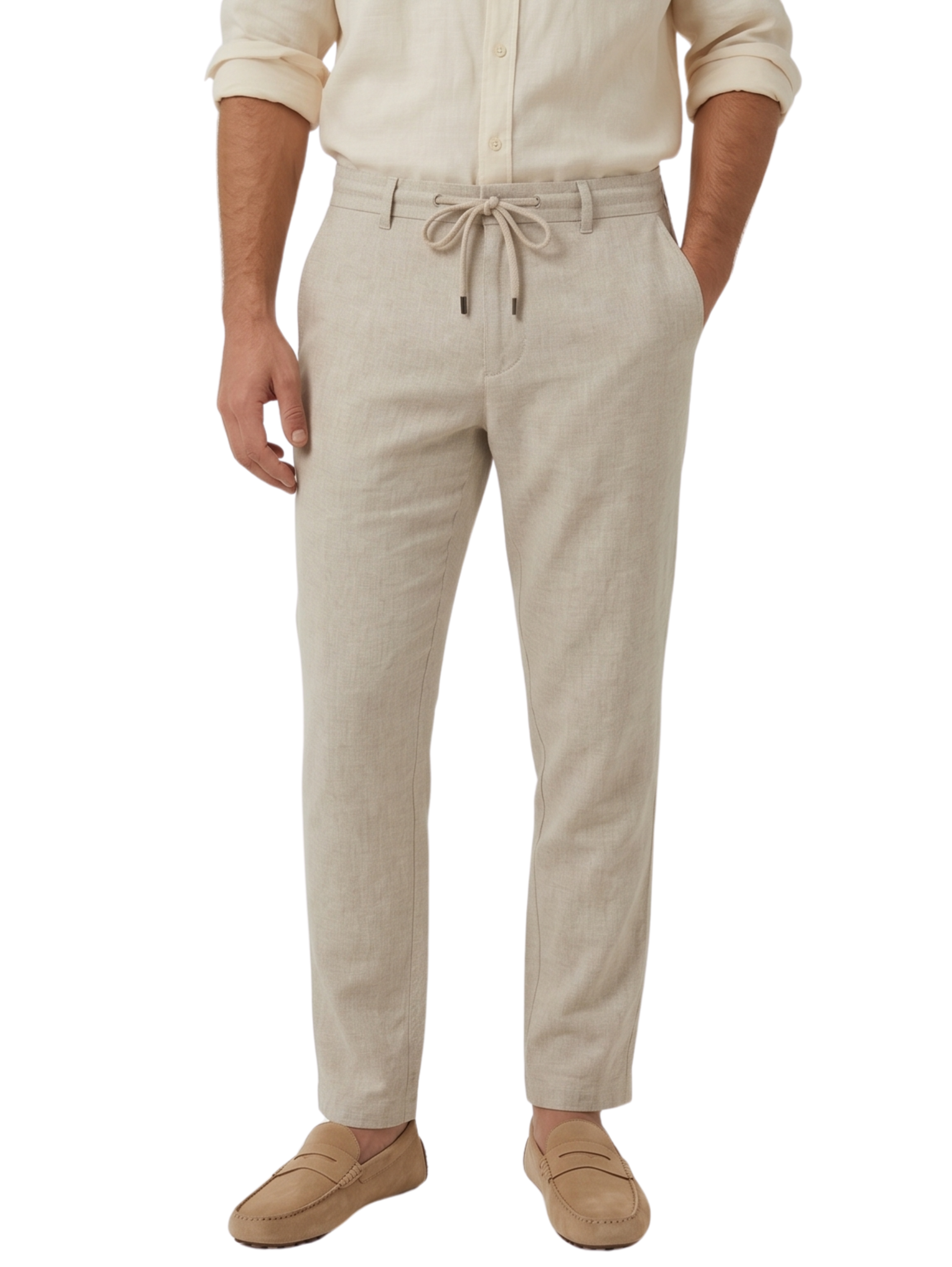 Beige Tailored Linen Drawstring Pants