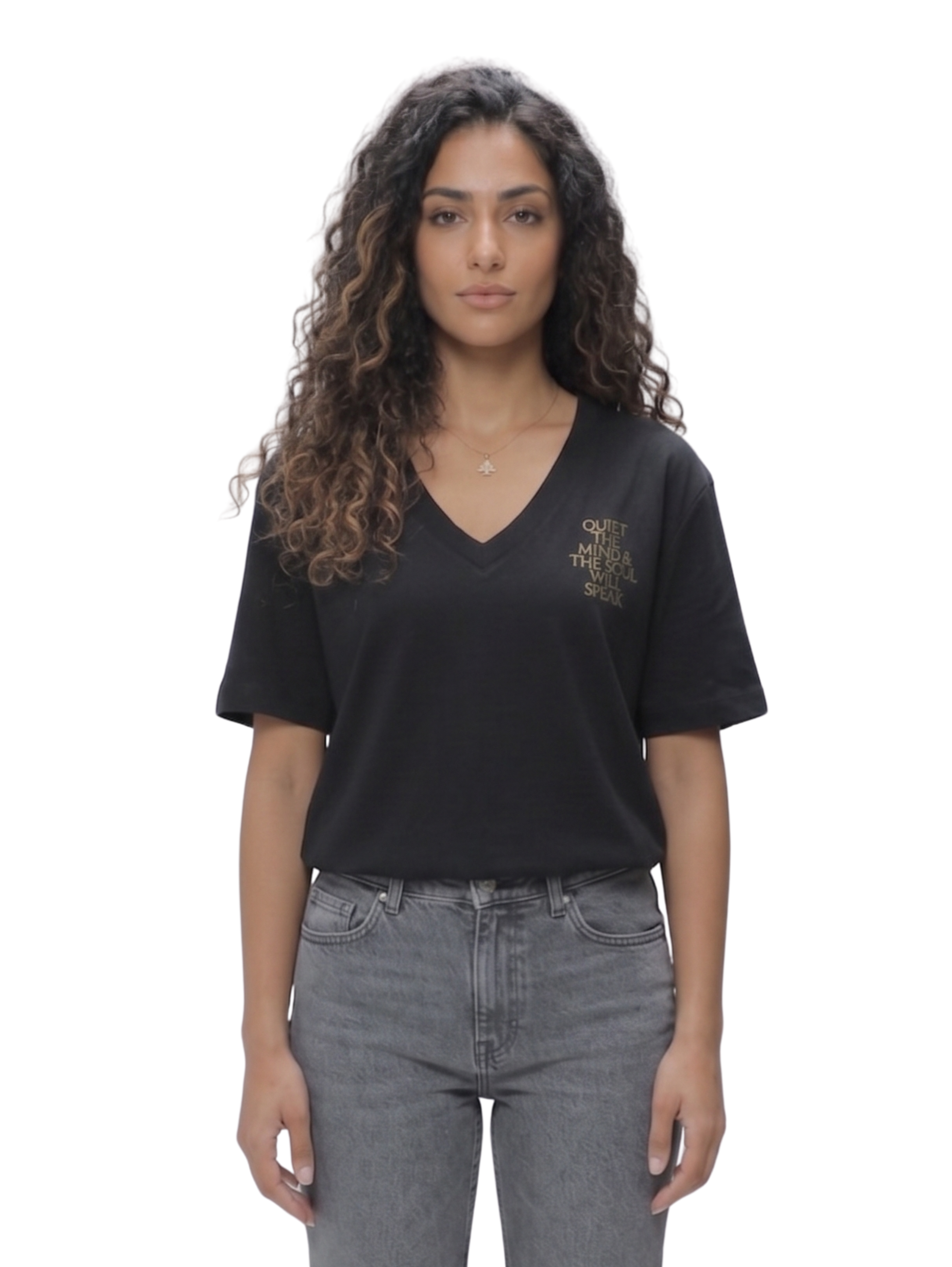 Black Short Sleeved V Neck T-Shirt With Printed Design