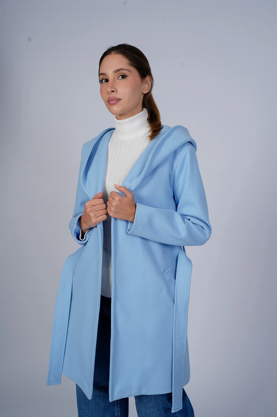 Hooded Wrap Blue Short Coat