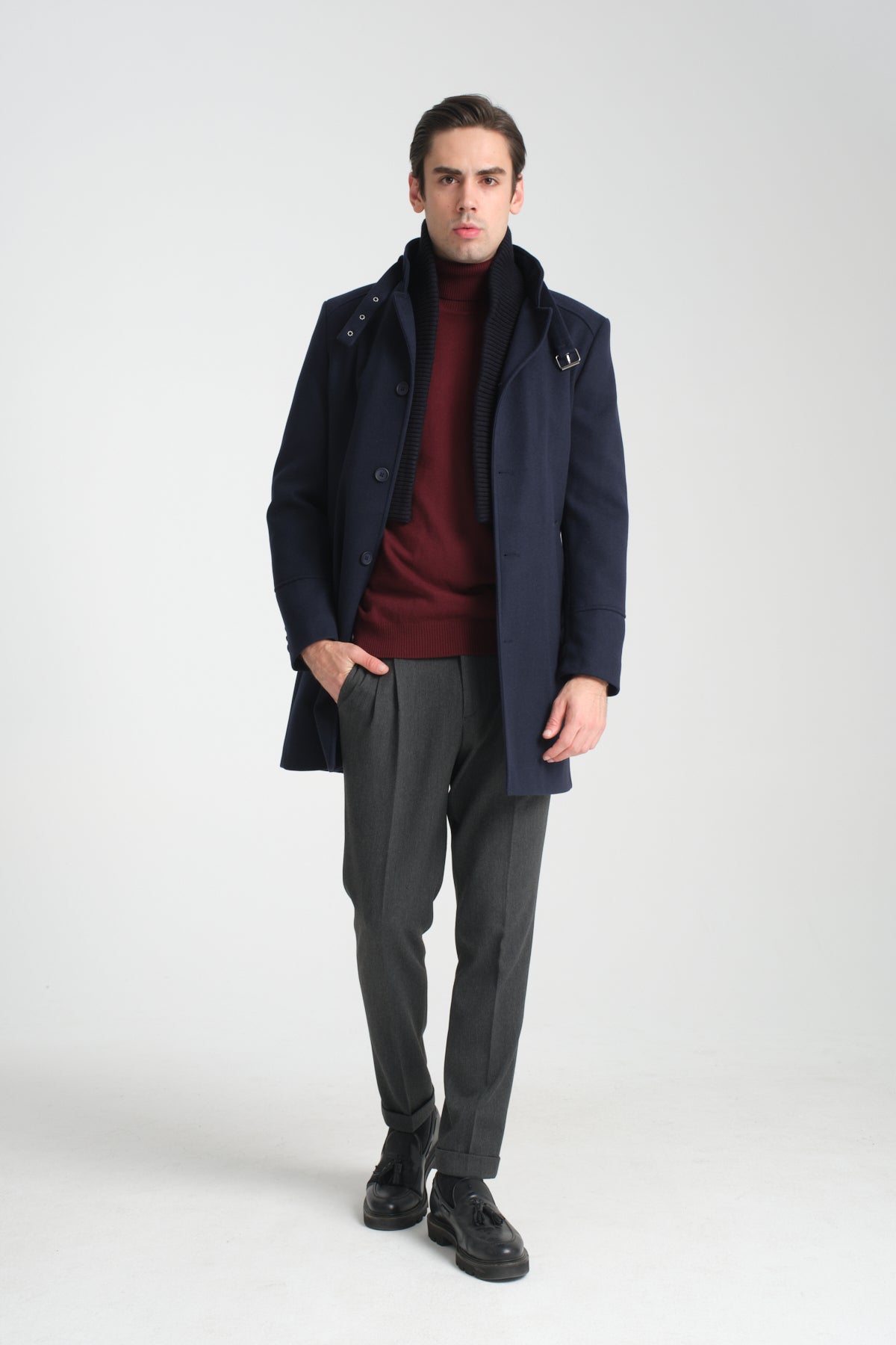 Tailored Navy Stand Collar Overcoat with Neck Strap & Knit Layer