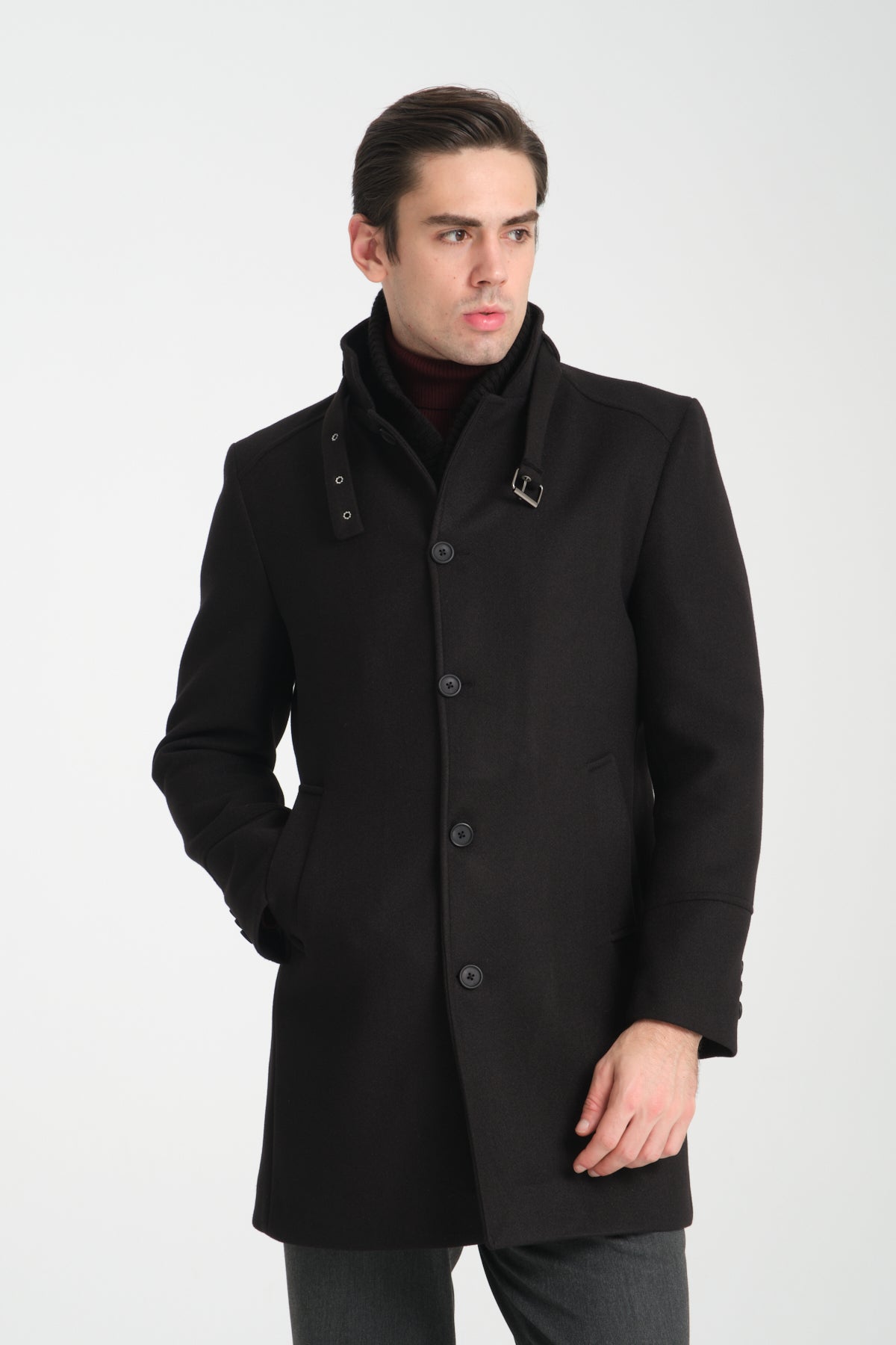 Tailored Black Stand Collar Overcoat with Neck Strap & Knit Layer