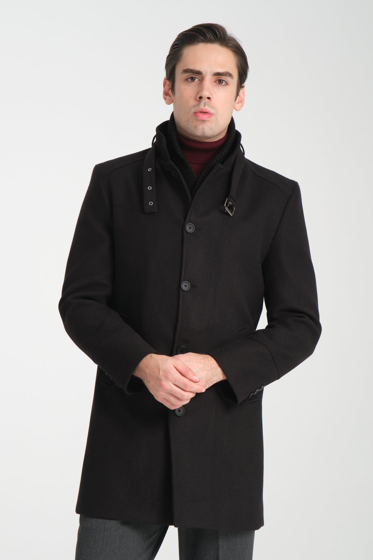 Tailored Black Stand Collar Overcoat with Neck Strap & Knit Layer