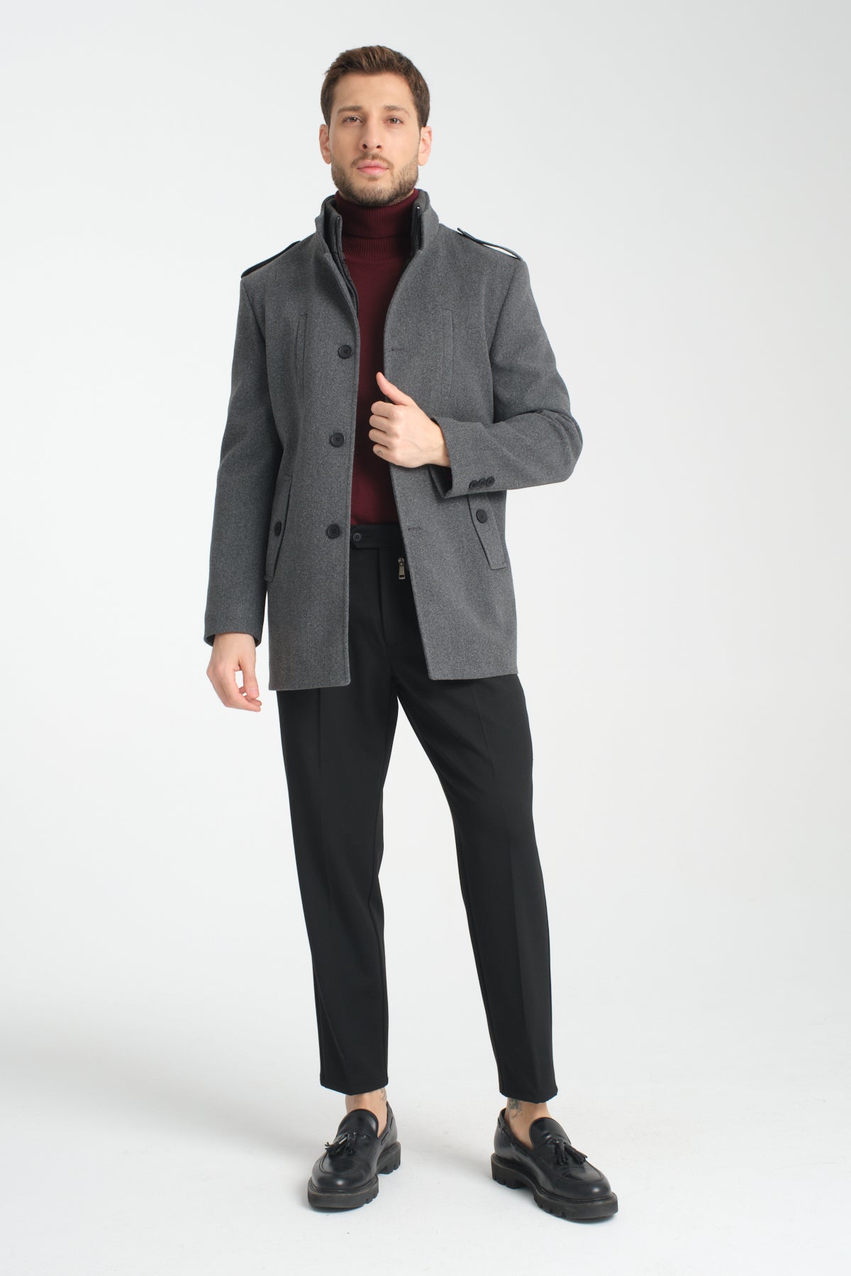 Grey Mid Length Tailored Coat with High Stand Collar & Removable Inner Bib