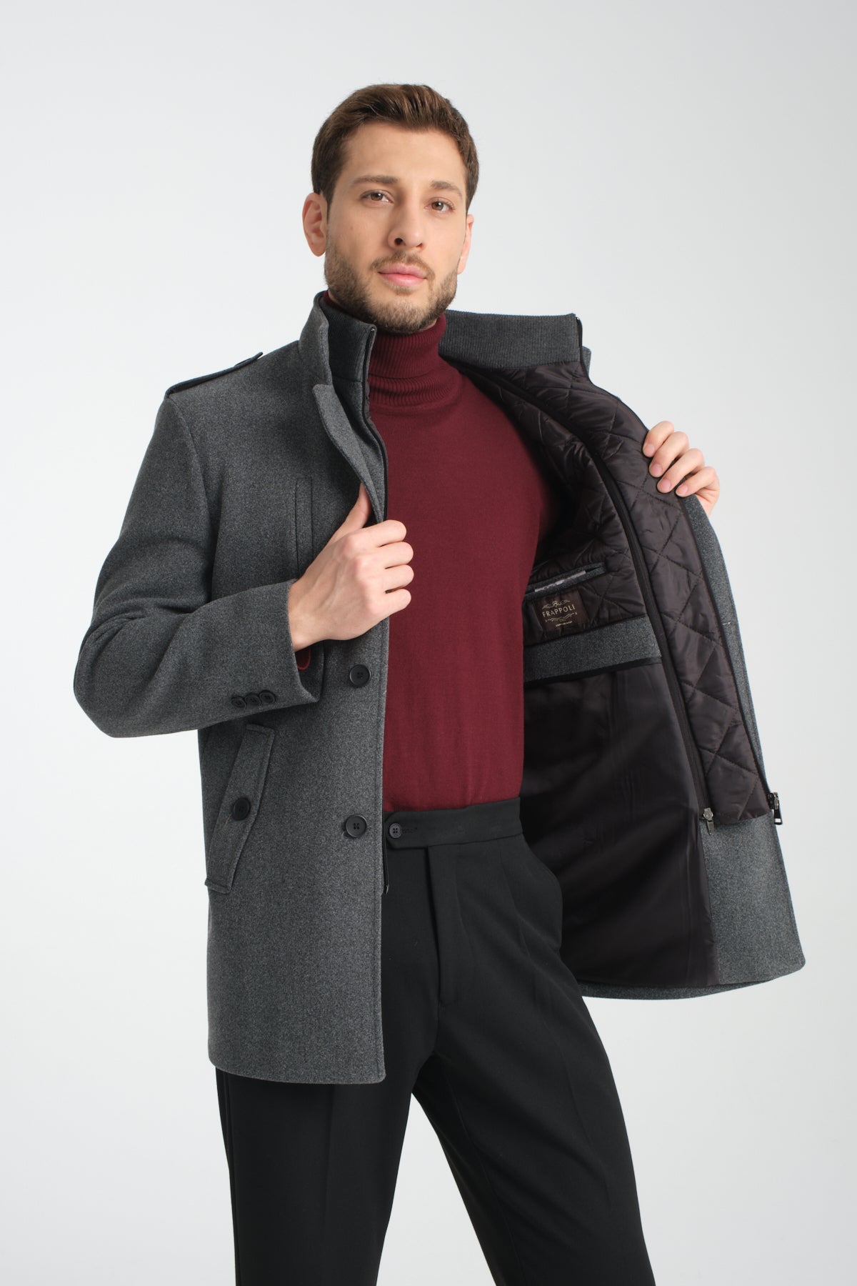 Grey Mid Length Tailored Coat with High Stand Collar & Removable Inner Bib
