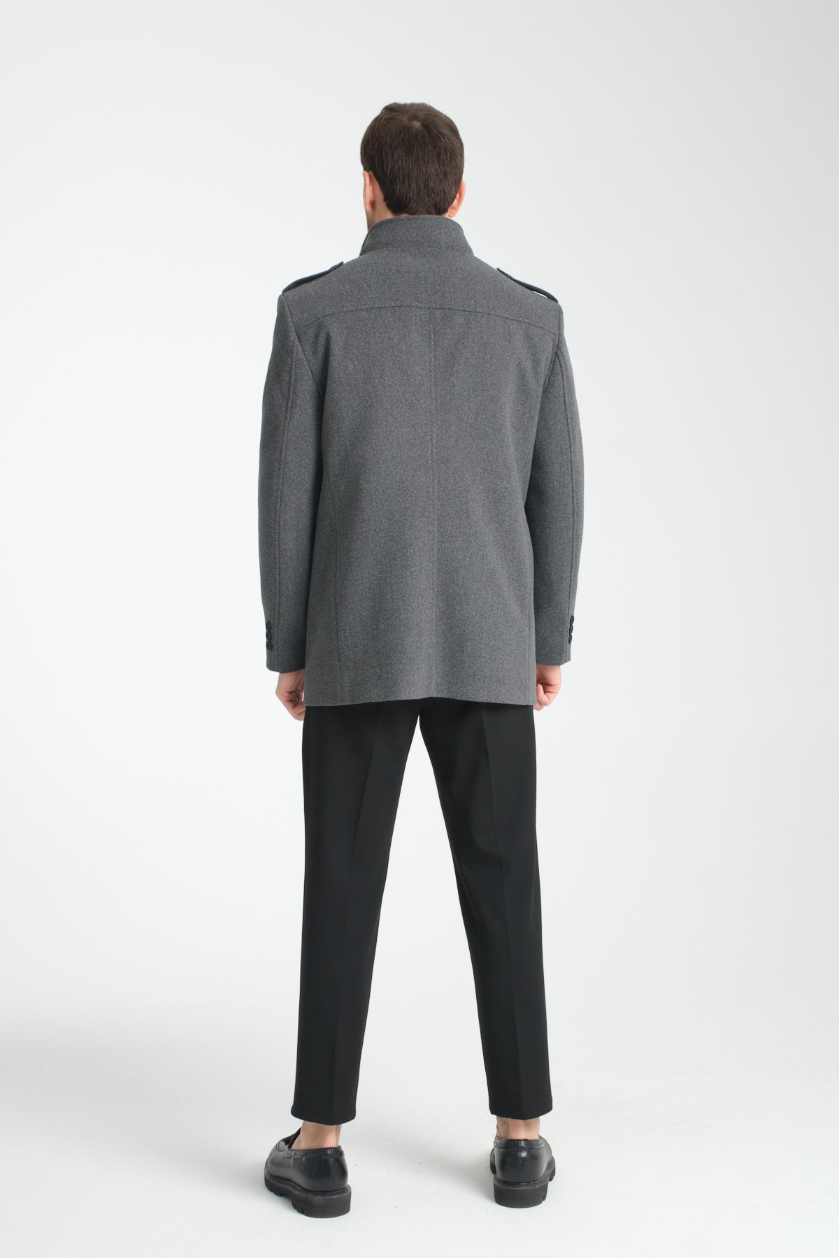 Grey Mid Length Tailored Coat with High Stand Collar & Removable Inner Bib