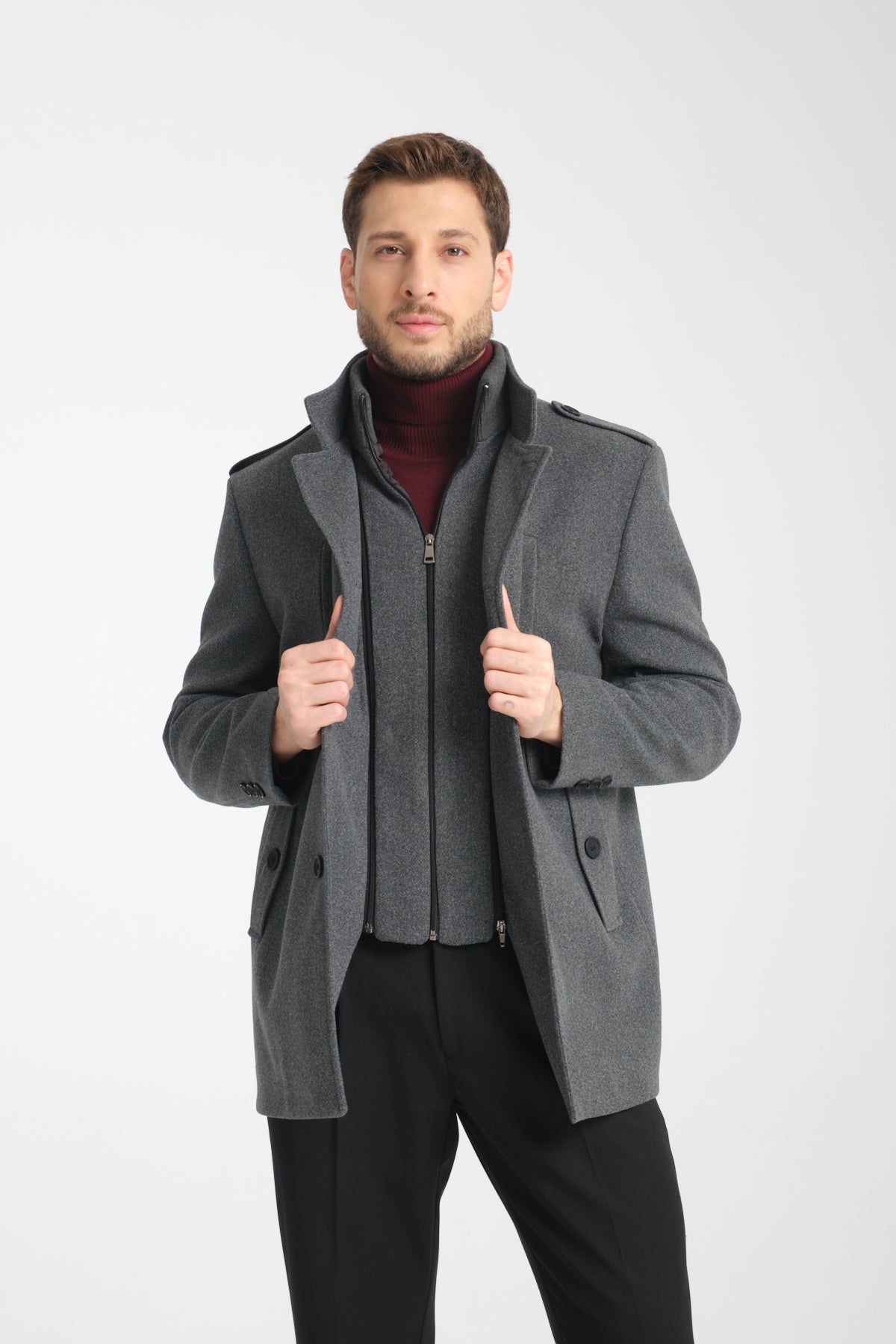 Grey Mid Length Tailored Coat with High Stand Collar & Removable Inner Bib