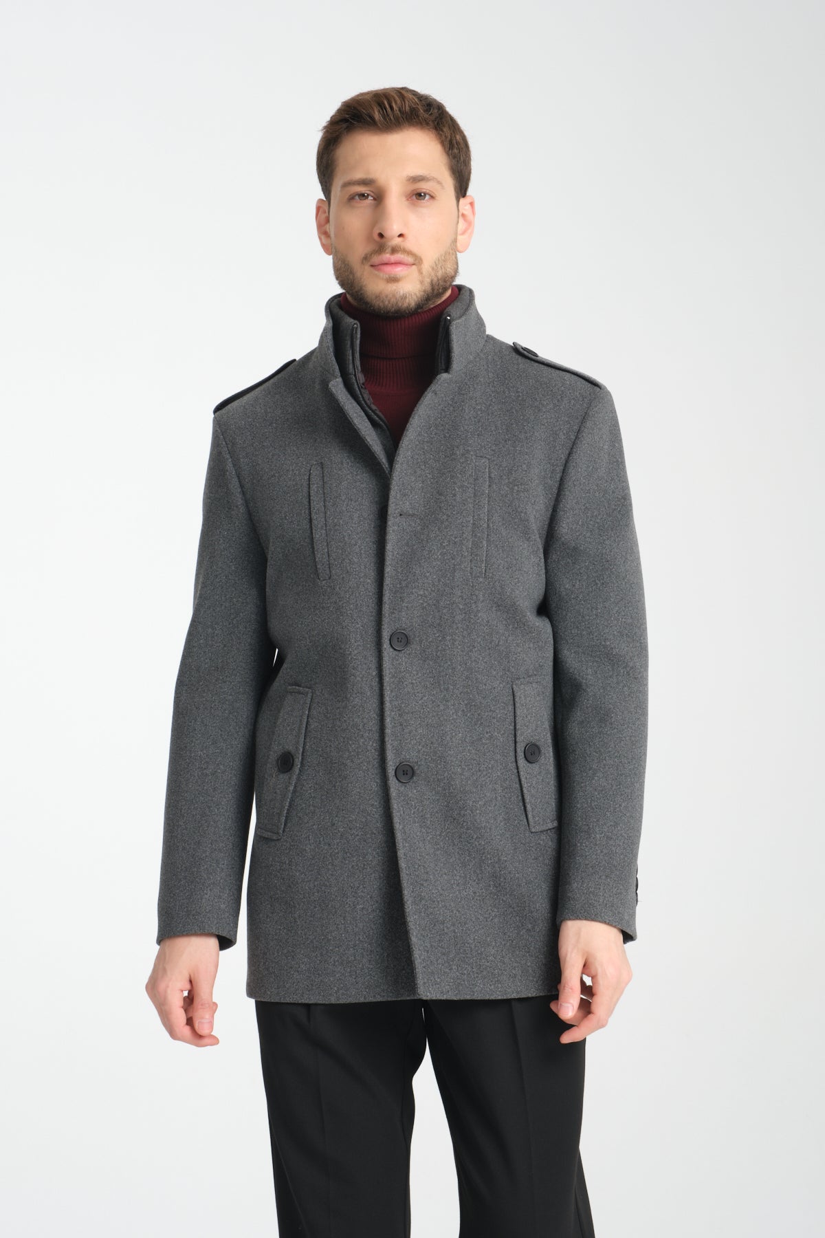 Grey Mid Length Tailored Coat with High Stand Collar & Removable Inner Bib