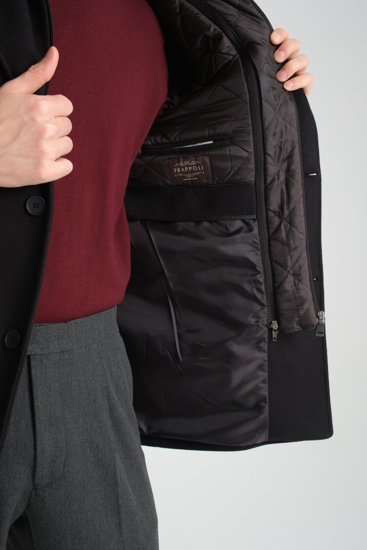 Black Mid Length Tailored Coat with High Stand Collar & Removable Inner Bib