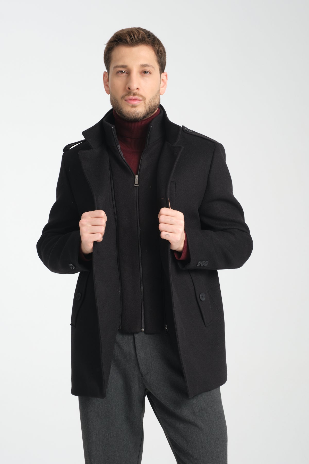 Black Mid Length Tailored Coat with High Stand Collar & Removable Inner Bib