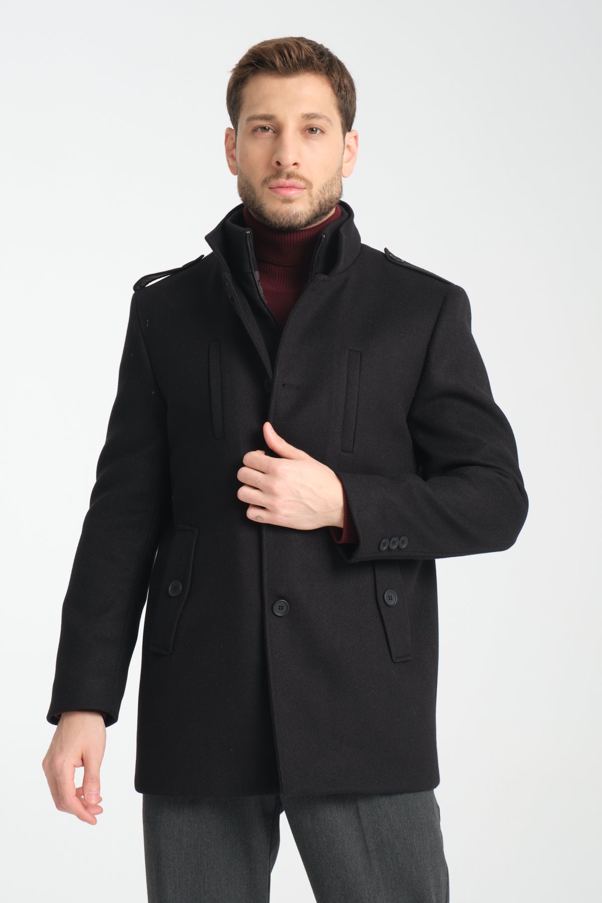 Black Mid Length Tailored Coat with High Stand Collar & Removable Inner Bib