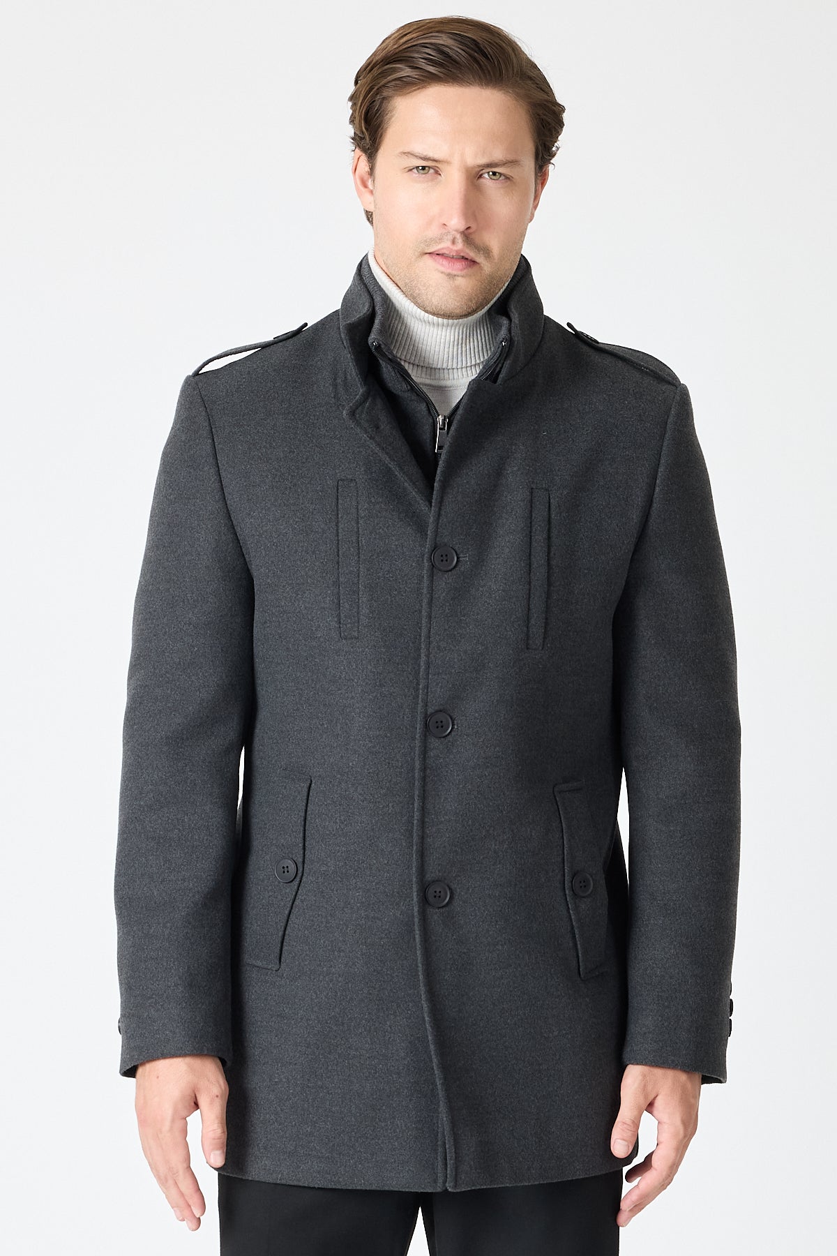 Dark Grey Mid Length Tailored Coat with High Stand Collar & Removable Inner Bib