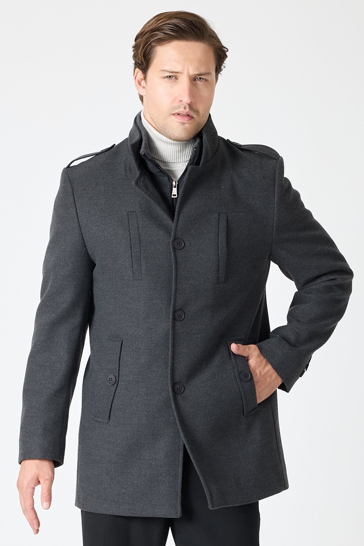 Dark Grey Mid Length Tailored Coat with High Stand Collar & Removable Inner Bib
