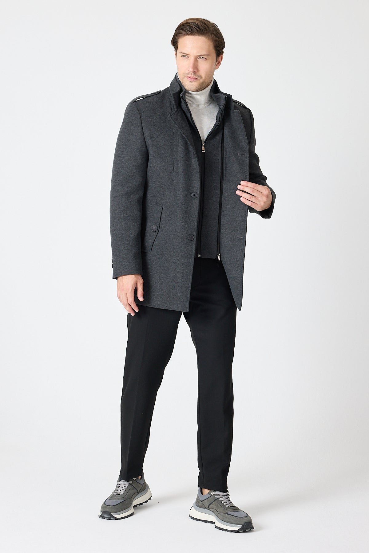 Dark Grey Mid Length Tailored Coat with High Stand Collar & Removable Inner Bib