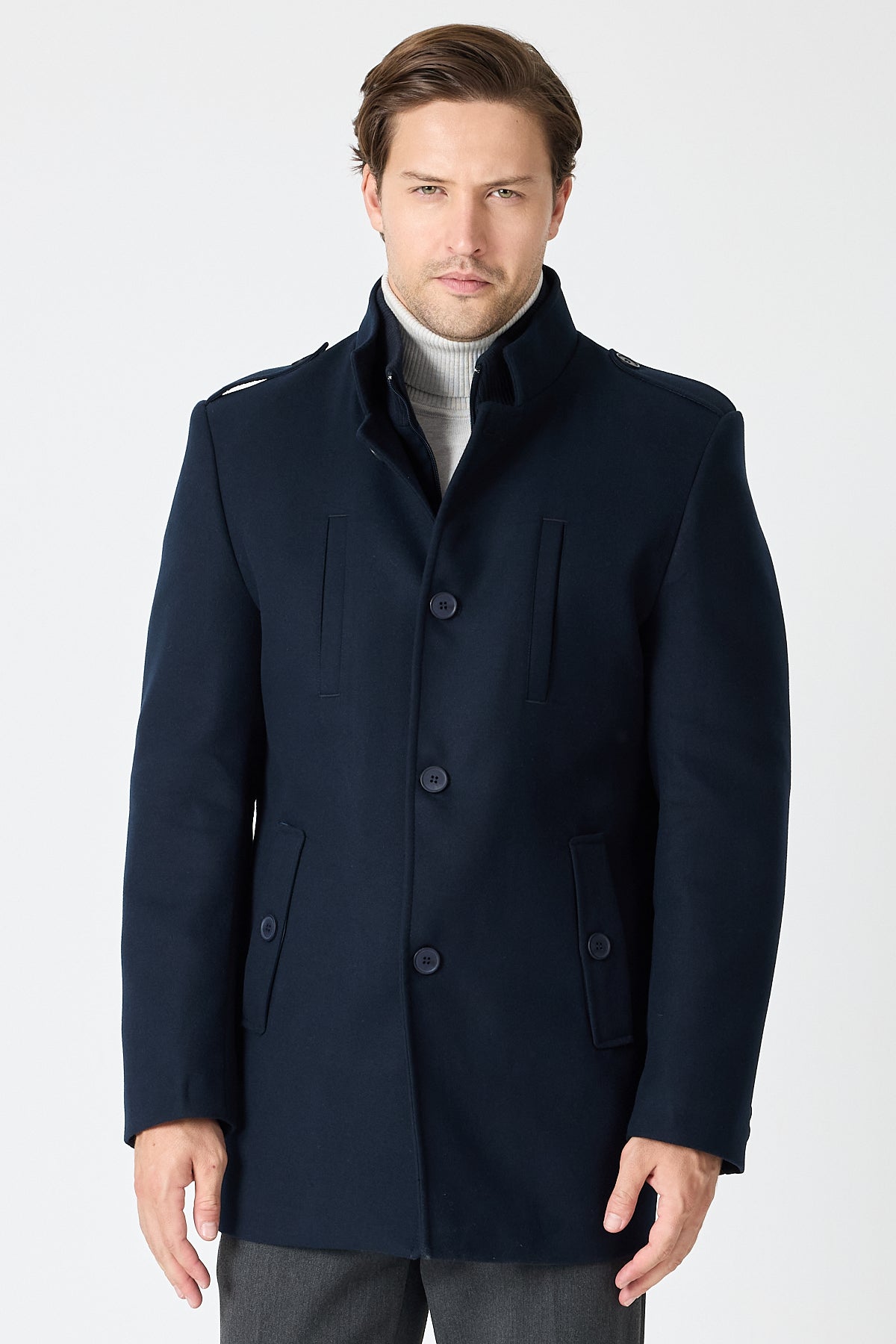 Navy Mid Length Tailored Coat With High Stand Collar & Removable Inner Bib