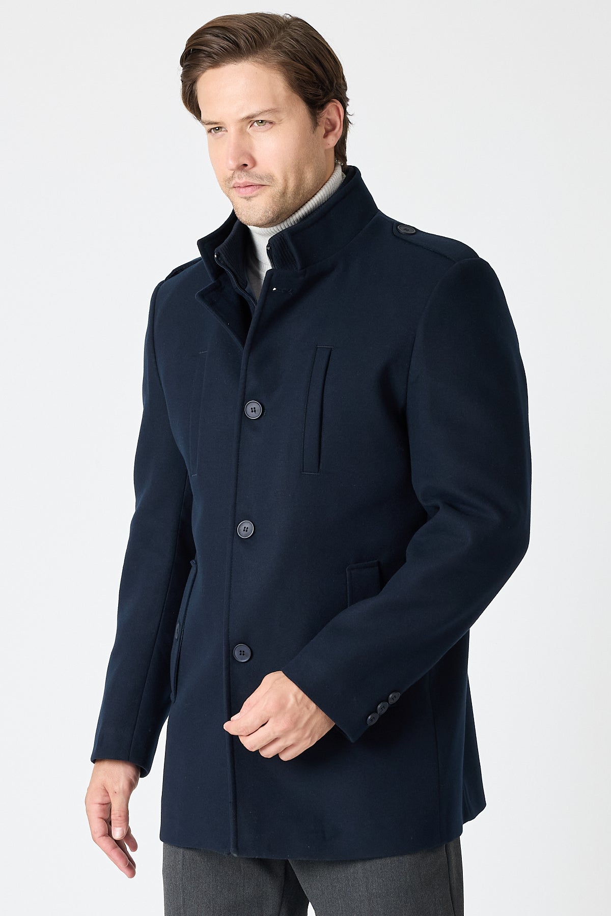 Navy Mid Length Tailored Coat With High Stand Collar & Removable Inner Bib