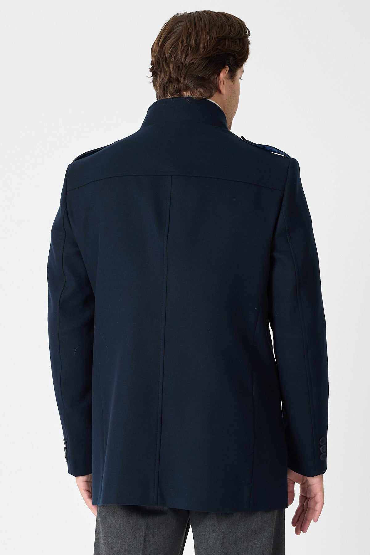 Navy Mid Length Tailored Coat With High Stand Collar & Removable Inner Bib