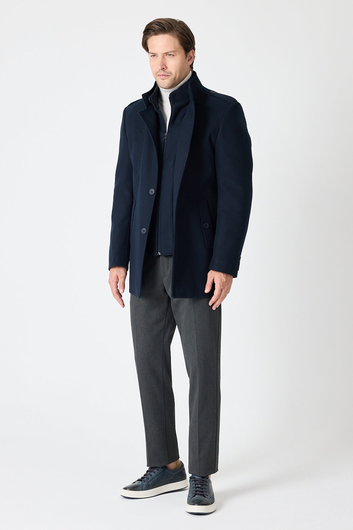 Navy Mid Length Tailored Coat With High Stand Collar & Removable Inner Bib