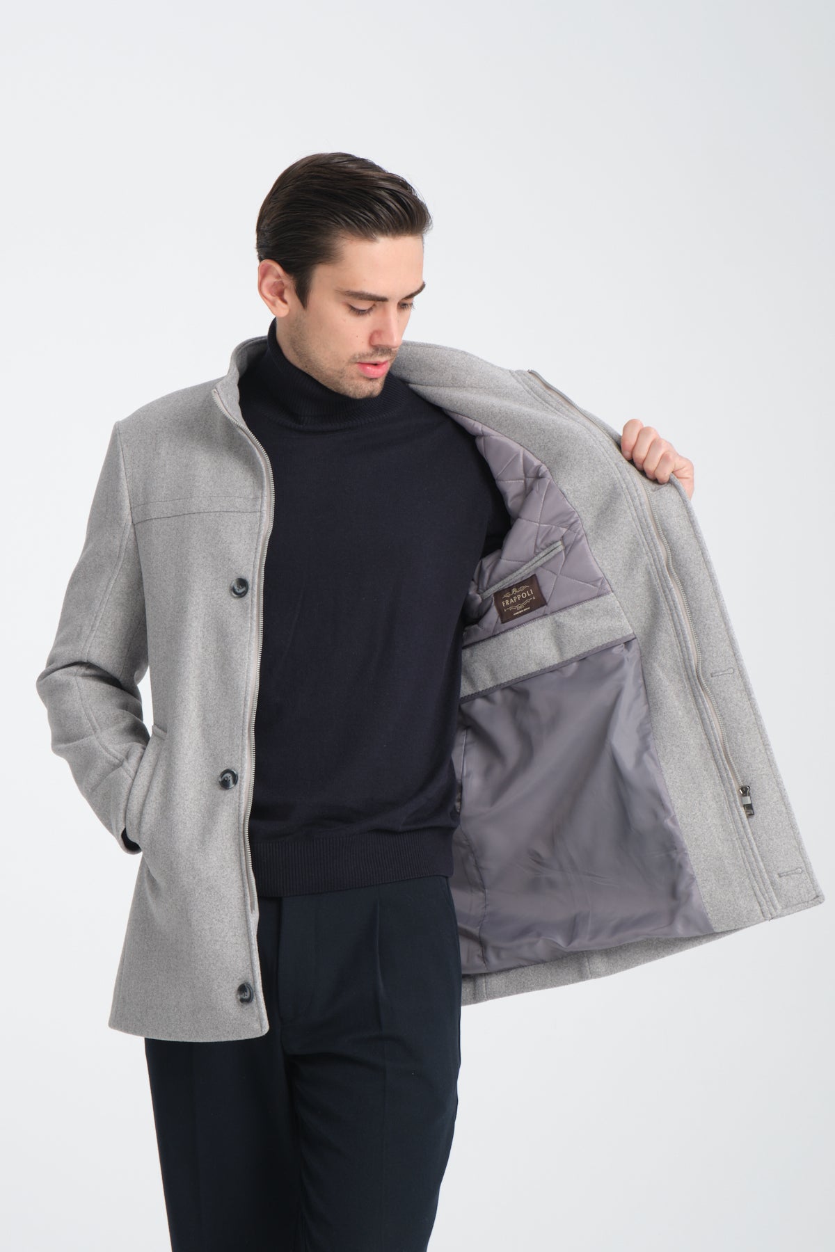 Tailored Grey Single Breasted Stand Collar Wool Coat