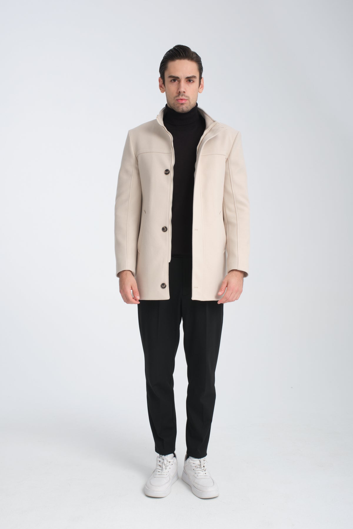 Tailored Beige Single Breasted Stand Collar Wool Coat
