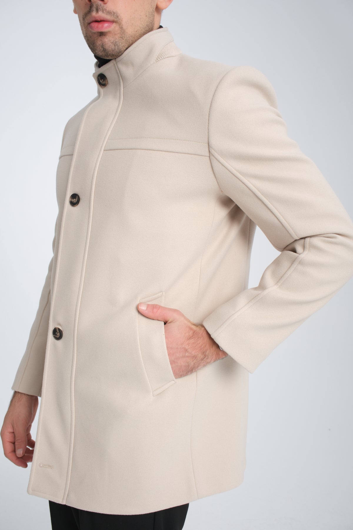 Tailored Beige Single Breasted Stand Collar Wool Coat