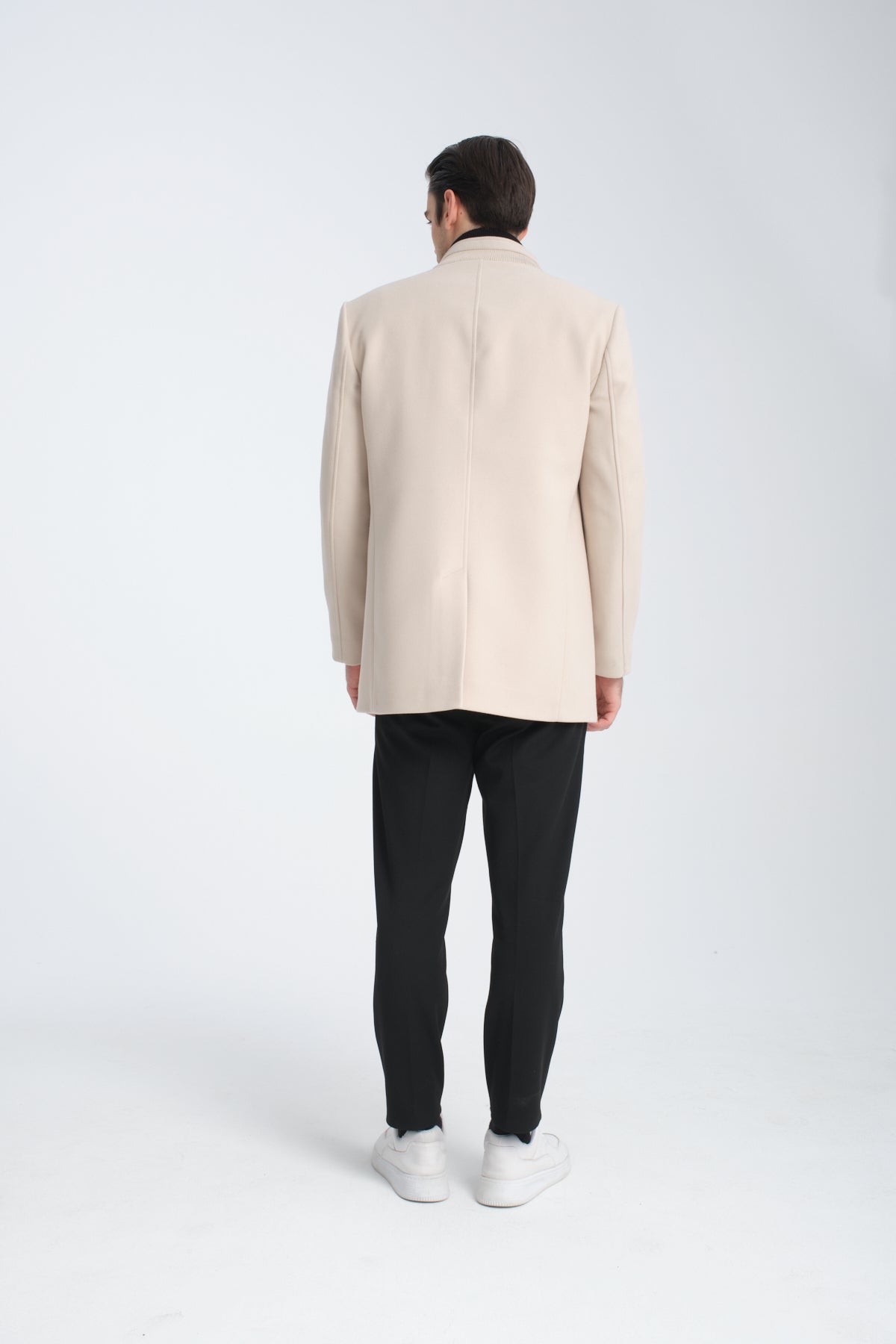 Tailored Beige Single Breasted Stand Collar Wool Coat