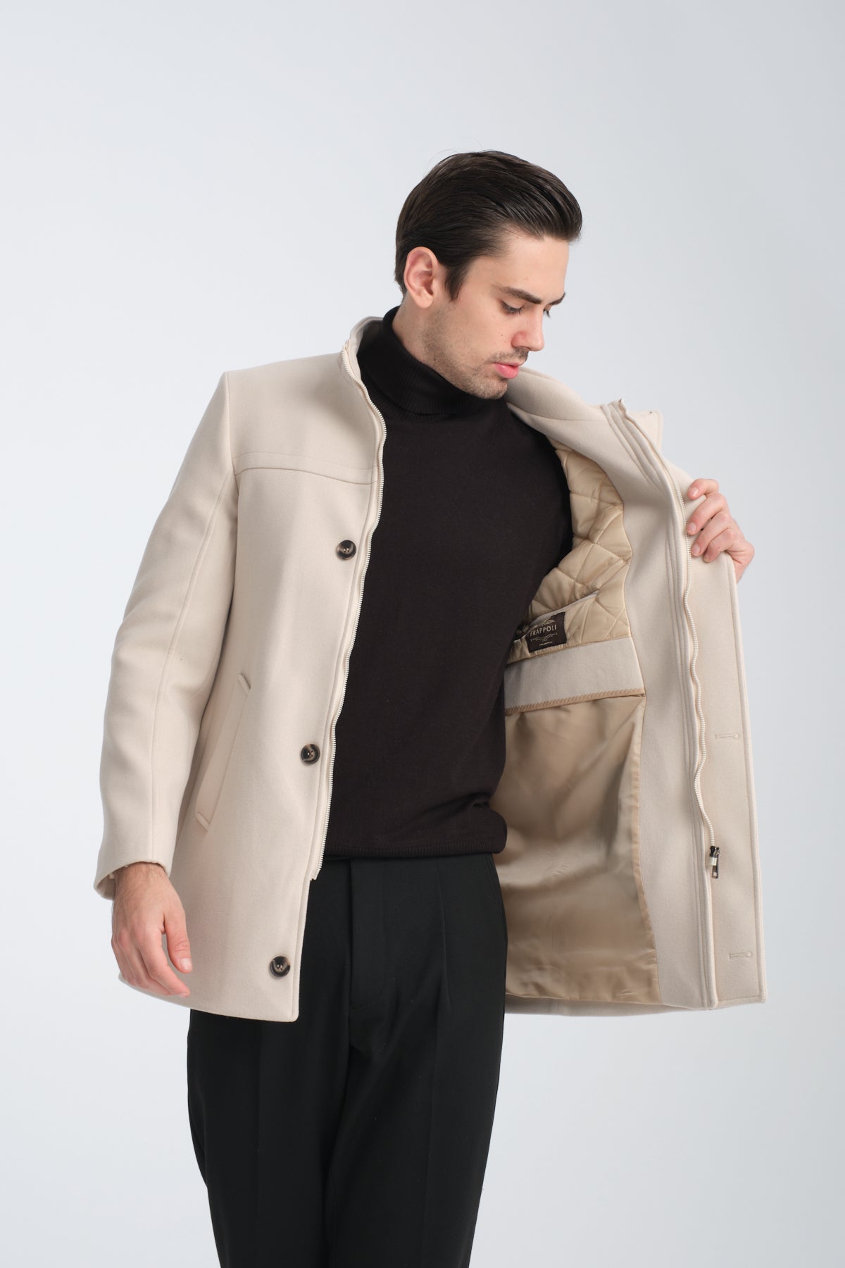 Tailored Beige Single Breasted Stand Collar Wool Coat