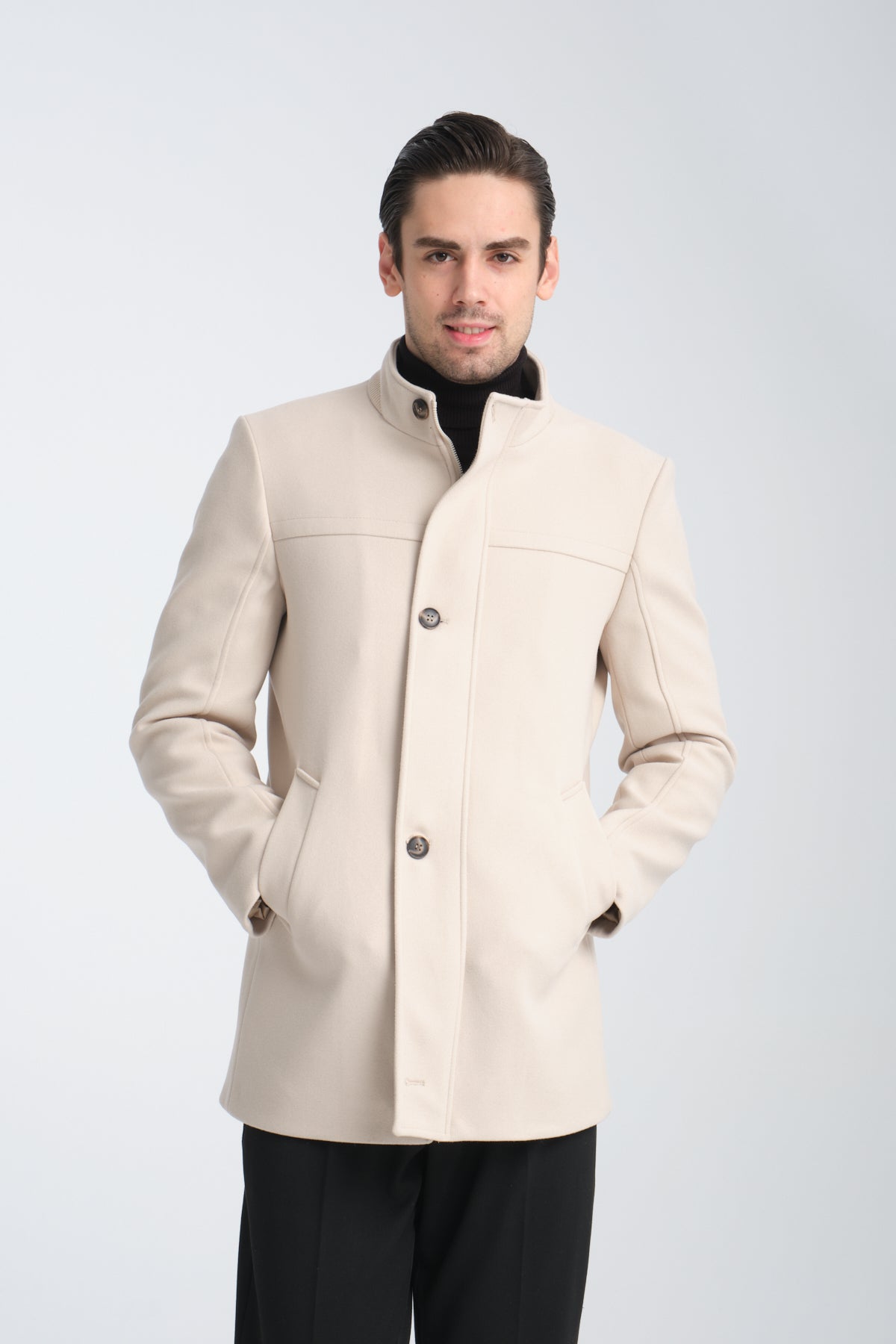 Tailored Beige Single Breasted Stand Collar Wool Coat