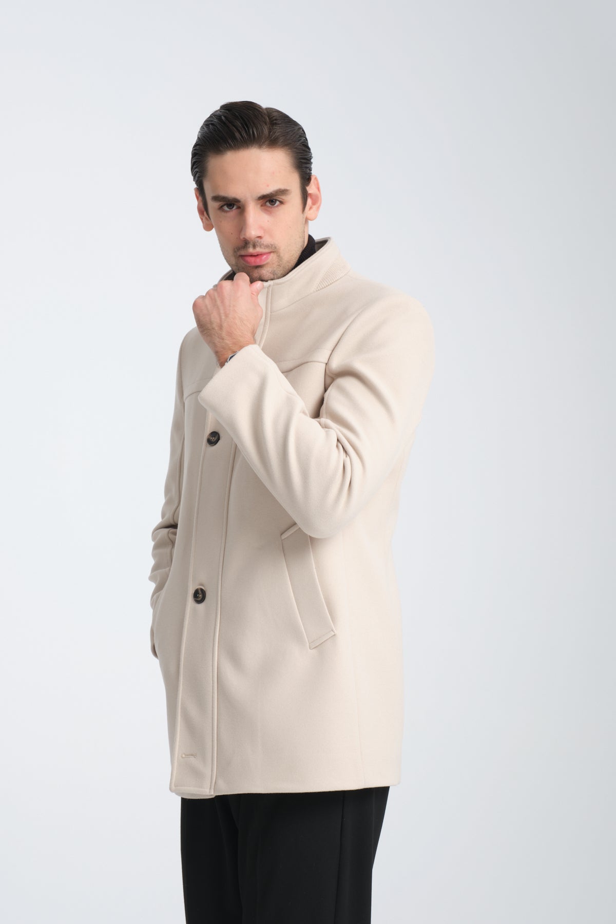 Tailored Beige Single Breasted Stand Collar Wool Coat
