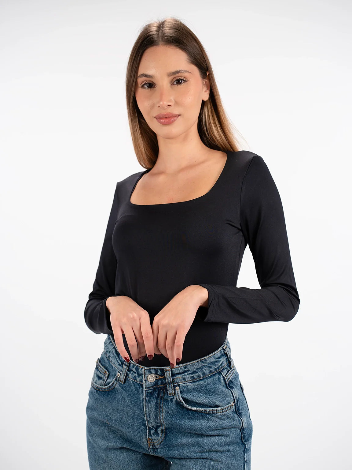 Long Sleeved Navy Open Neck Basic