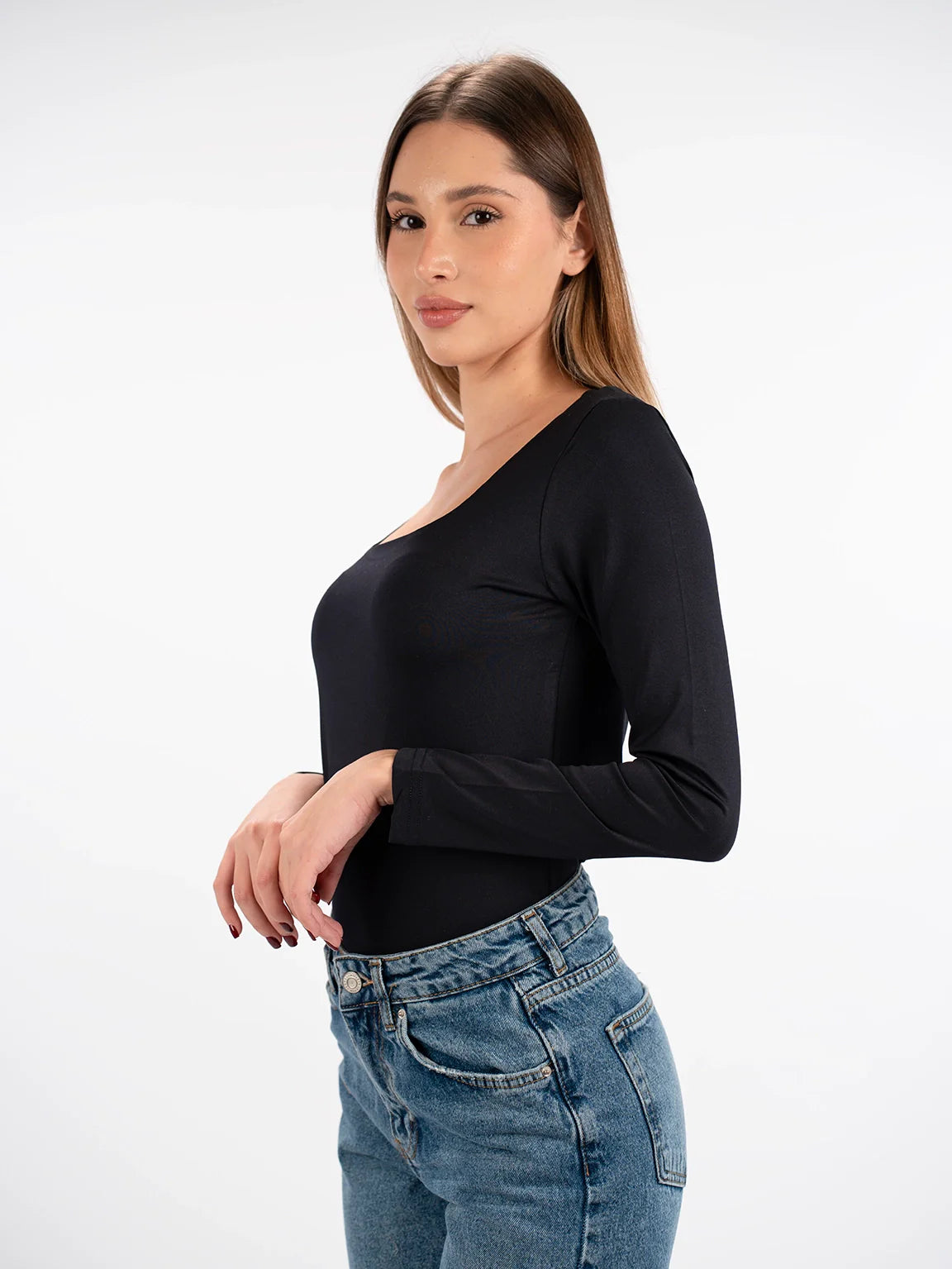 Long Sleeved Navy Open Neck Basic