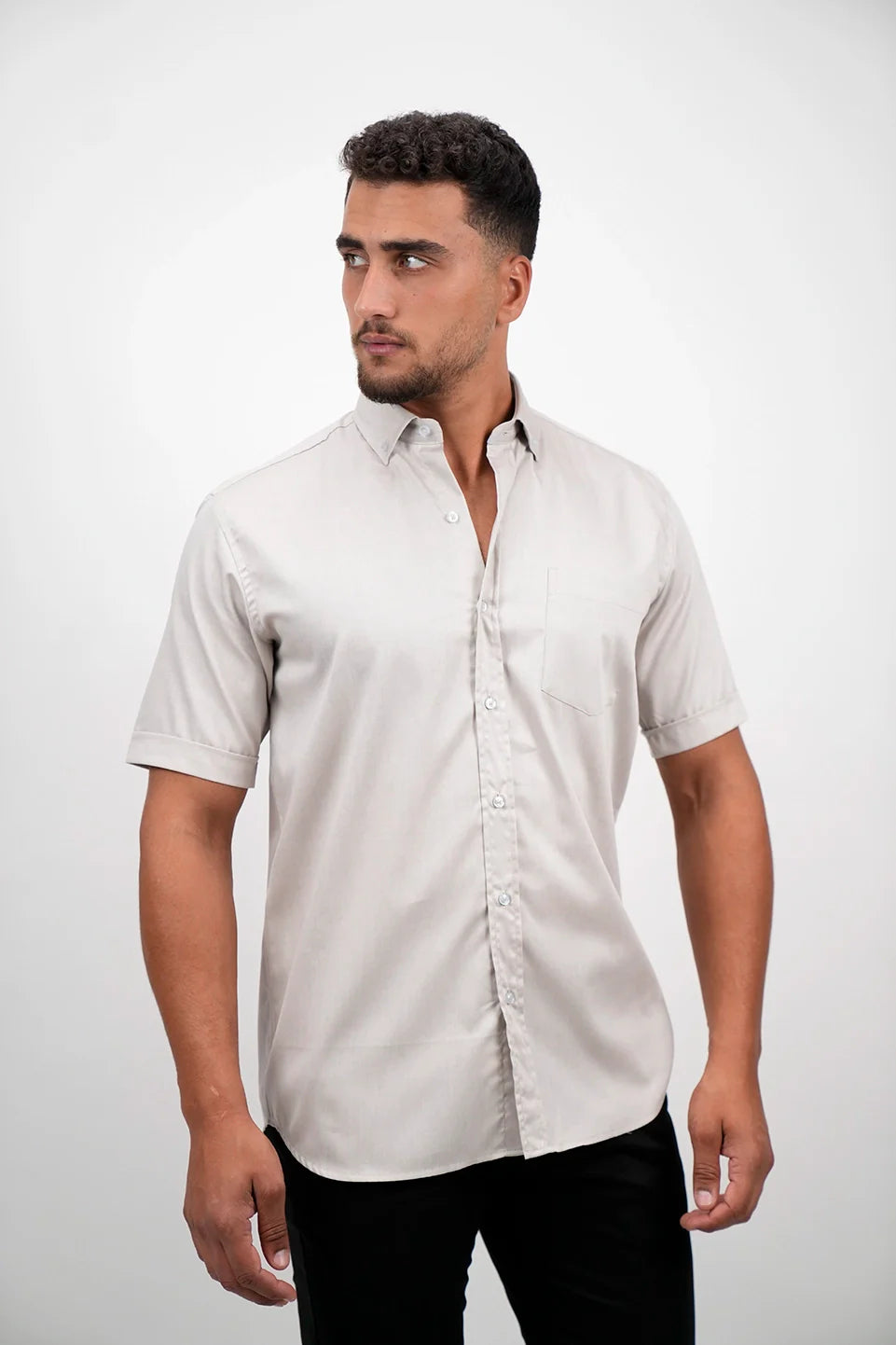 Short Sleeved Beige Shirt With One Chest Pocket