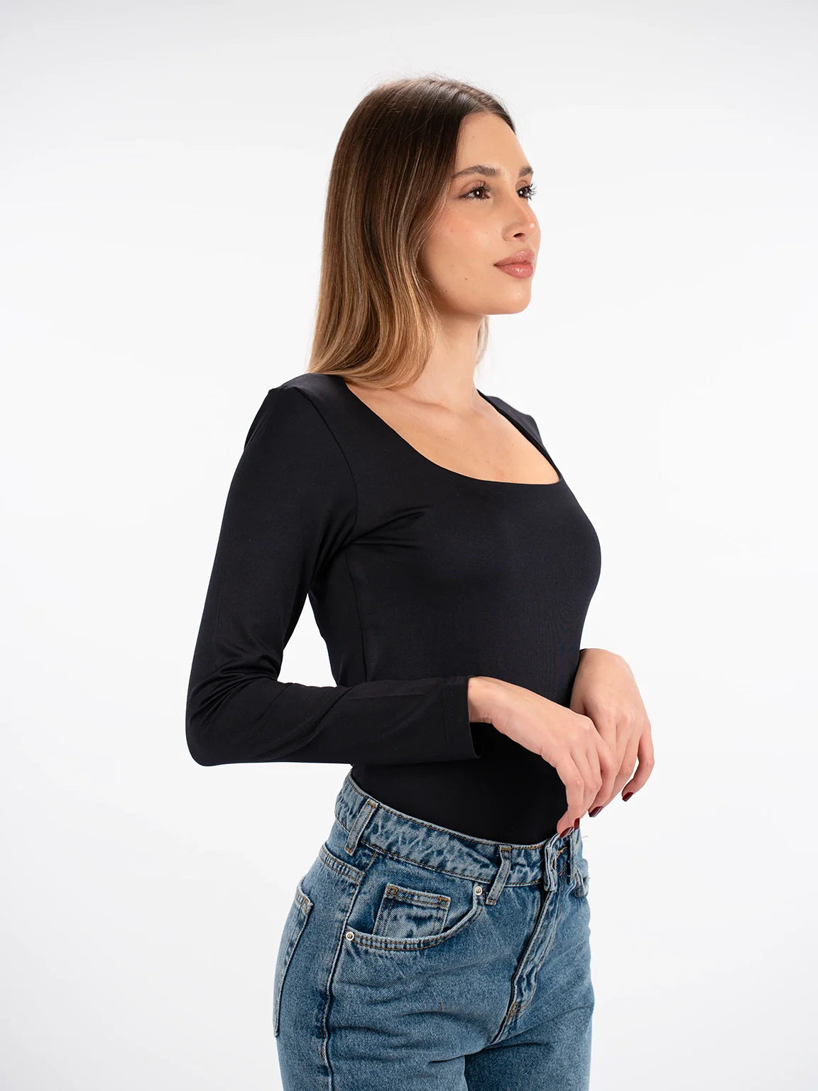 Long Sleeved Navy Open Neck Basic