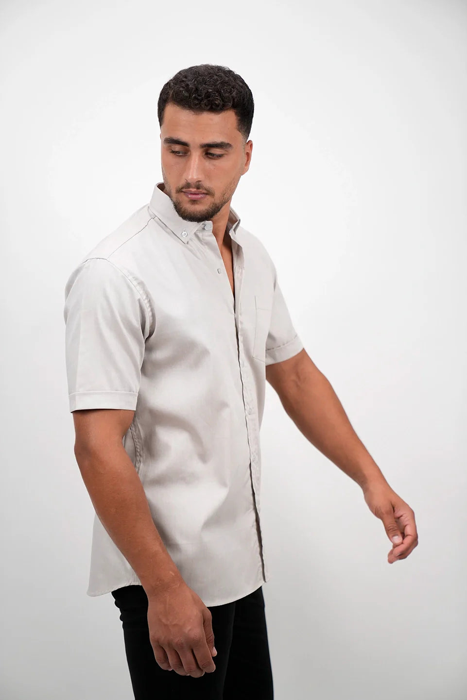 Short Sleeved Beige Shirt With One Chest Pocket