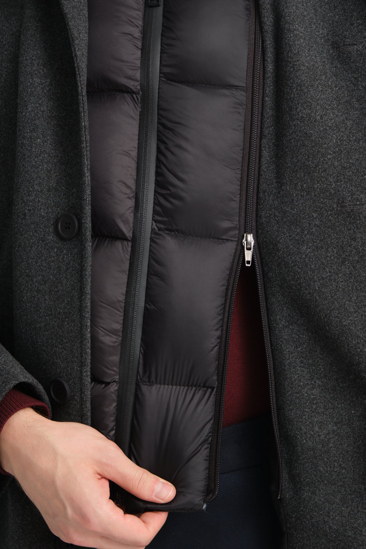 Dark Grey Wool Blend 2 in1 Overcoat With Removable Quilted Zip Bib
