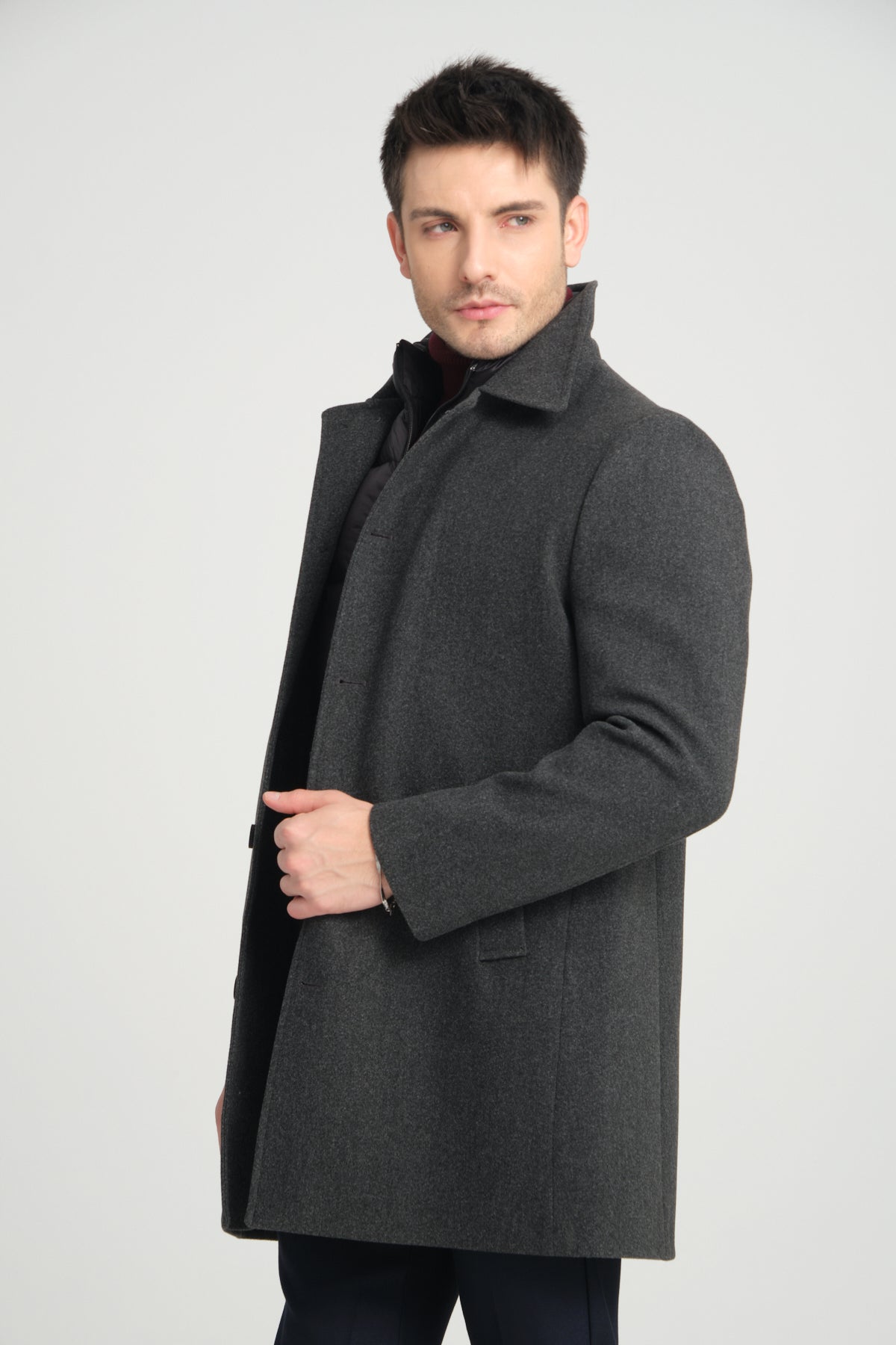 Dark Grey Wool Blend 2 in1 Overcoat With Removable Quilted Zip Bib