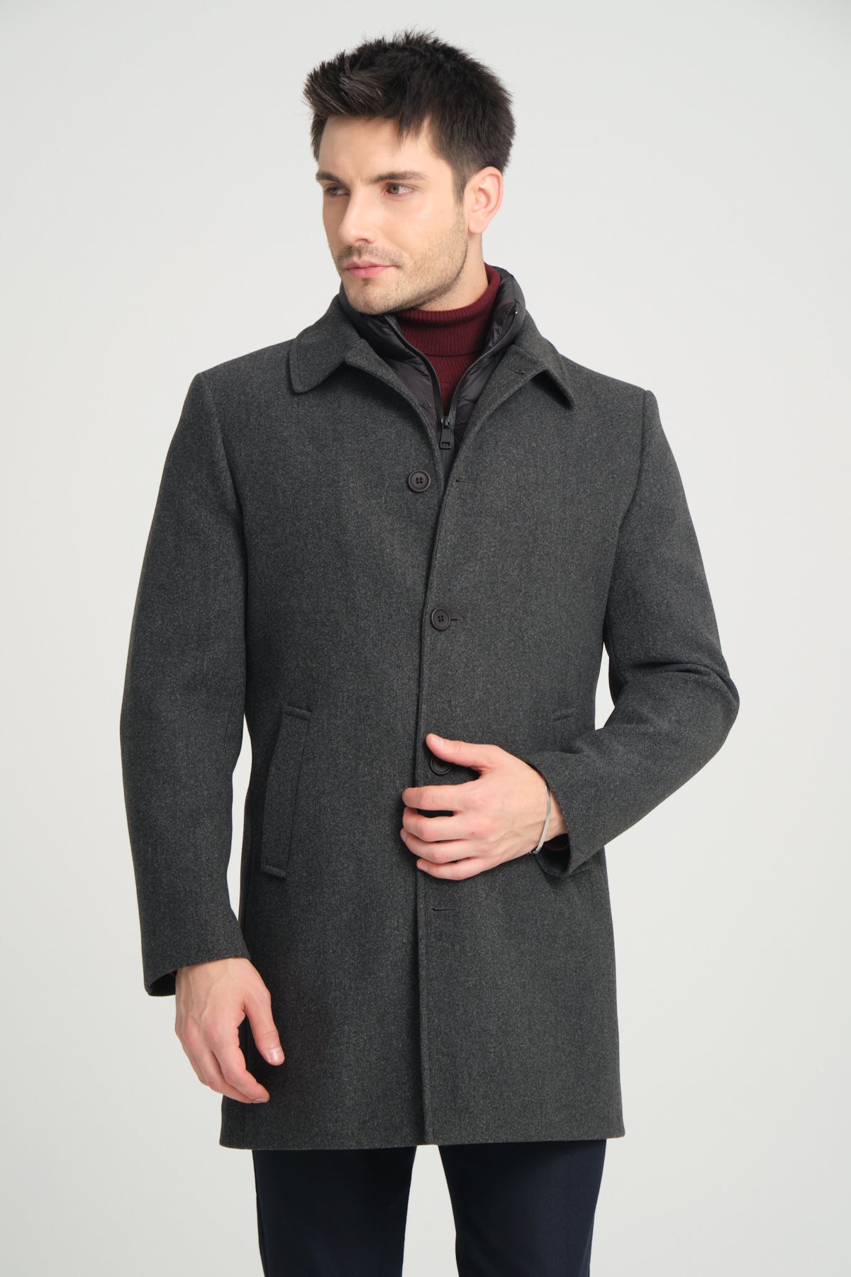 Dark Grey Wool Blend 2 in1 Overcoat With Removable Quilted Zip Bib
