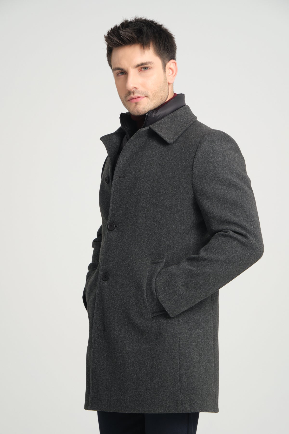 Dark Grey Wool Blend 2 in1 Overcoat With Removable Quilted Zip Bib