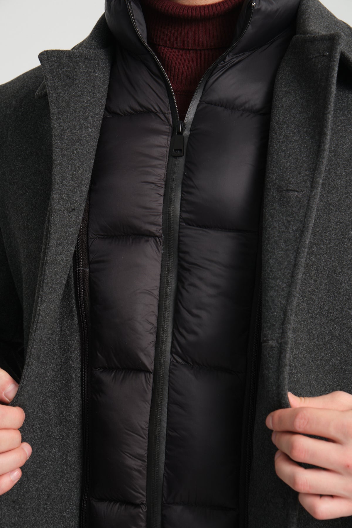 Dark Grey Wool Blend 2 in1 Overcoat With Removable Quilted Zip Bib