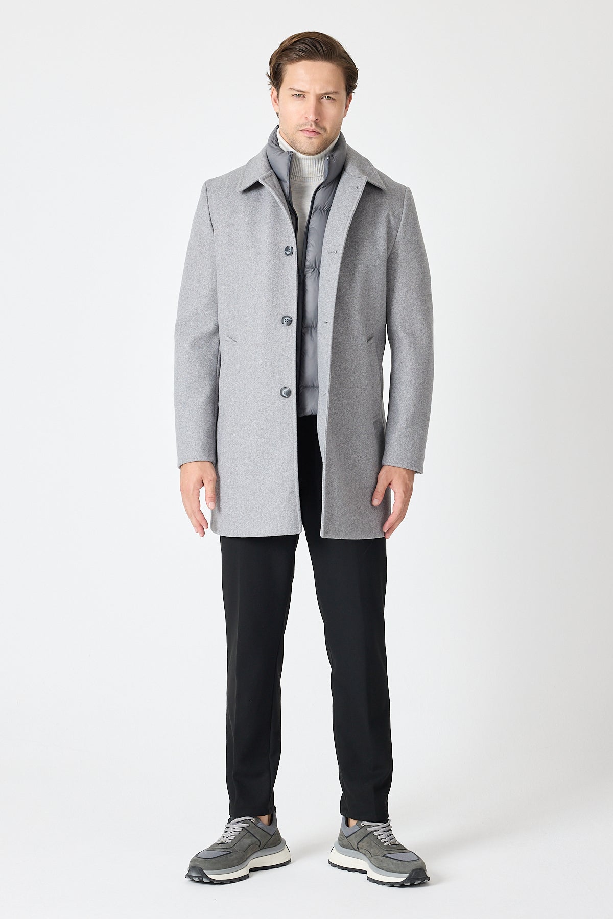 Light Grey Wool Blend 2 in1 Overcoat With Removable Quilted Zip Bib