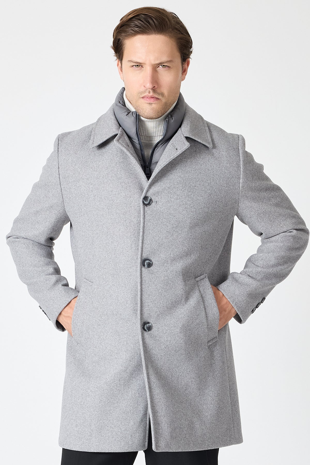 Light Grey Wool Blend 2 in1 Overcoat With Removable Quilted Zip Bib