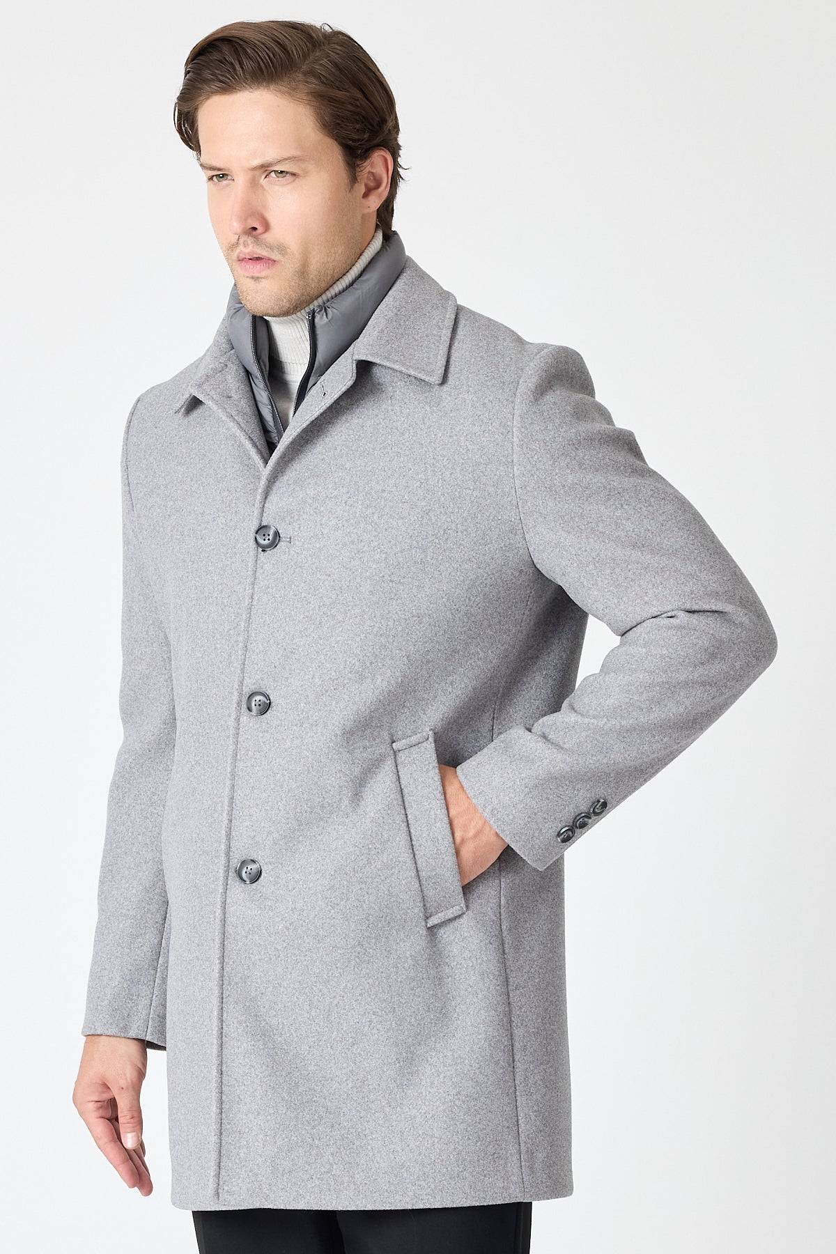 Light Grey Wool Blend 2 in1 Overcoat With Removable Quilted Zip Bib